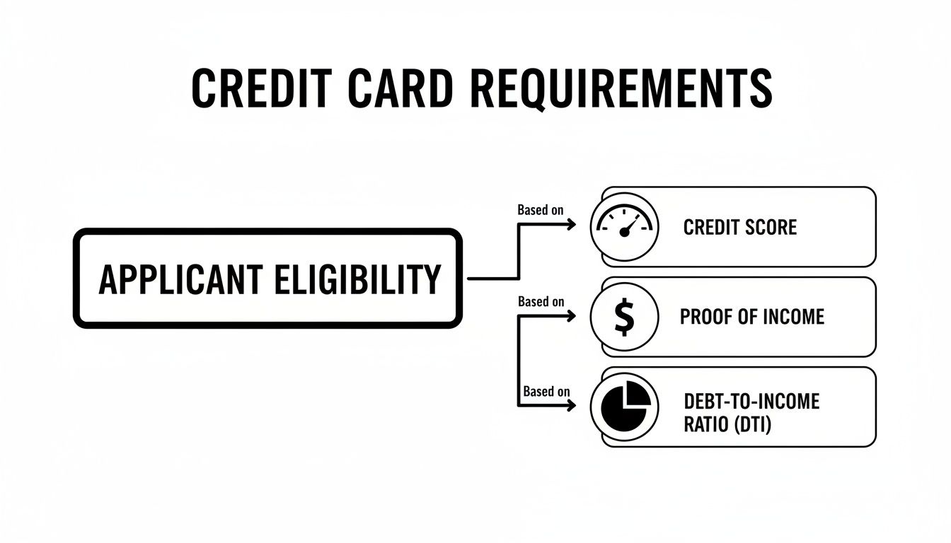 A diagram illustrating credit card requirements and applicant eligibility based on credit score, proof of income, and debt-to-income ratio.