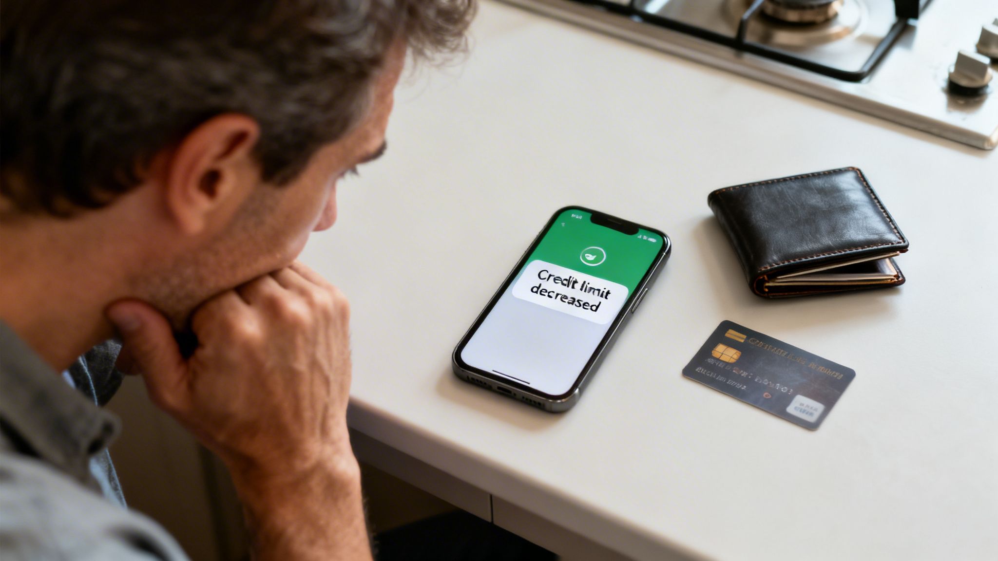 Man looking at his phone displaying 'Credit limit decreased', with a wallet and credit card.
