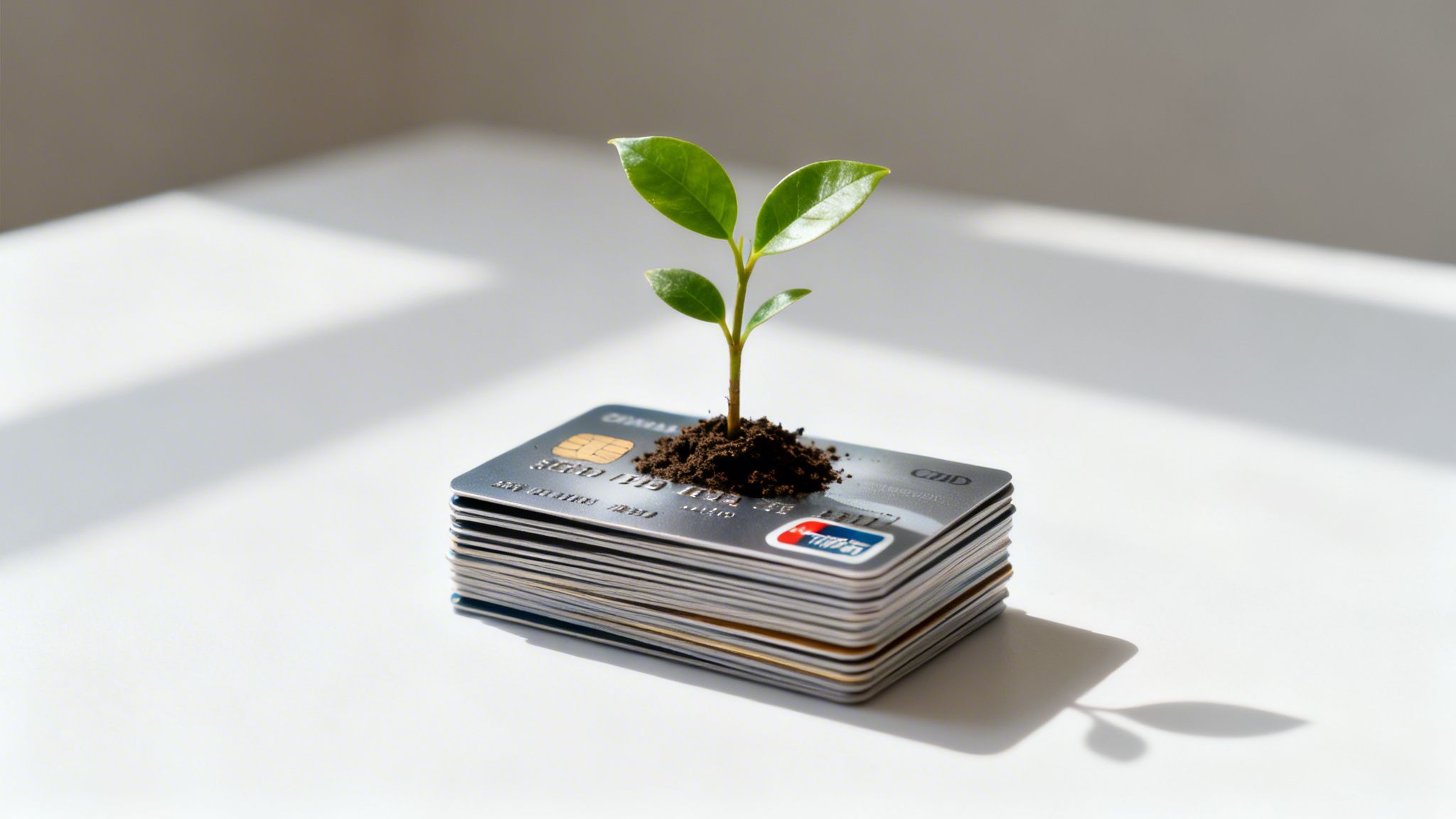 A small green plant grows from a pile of credit cards on a white surface, symbolizing financial growth.