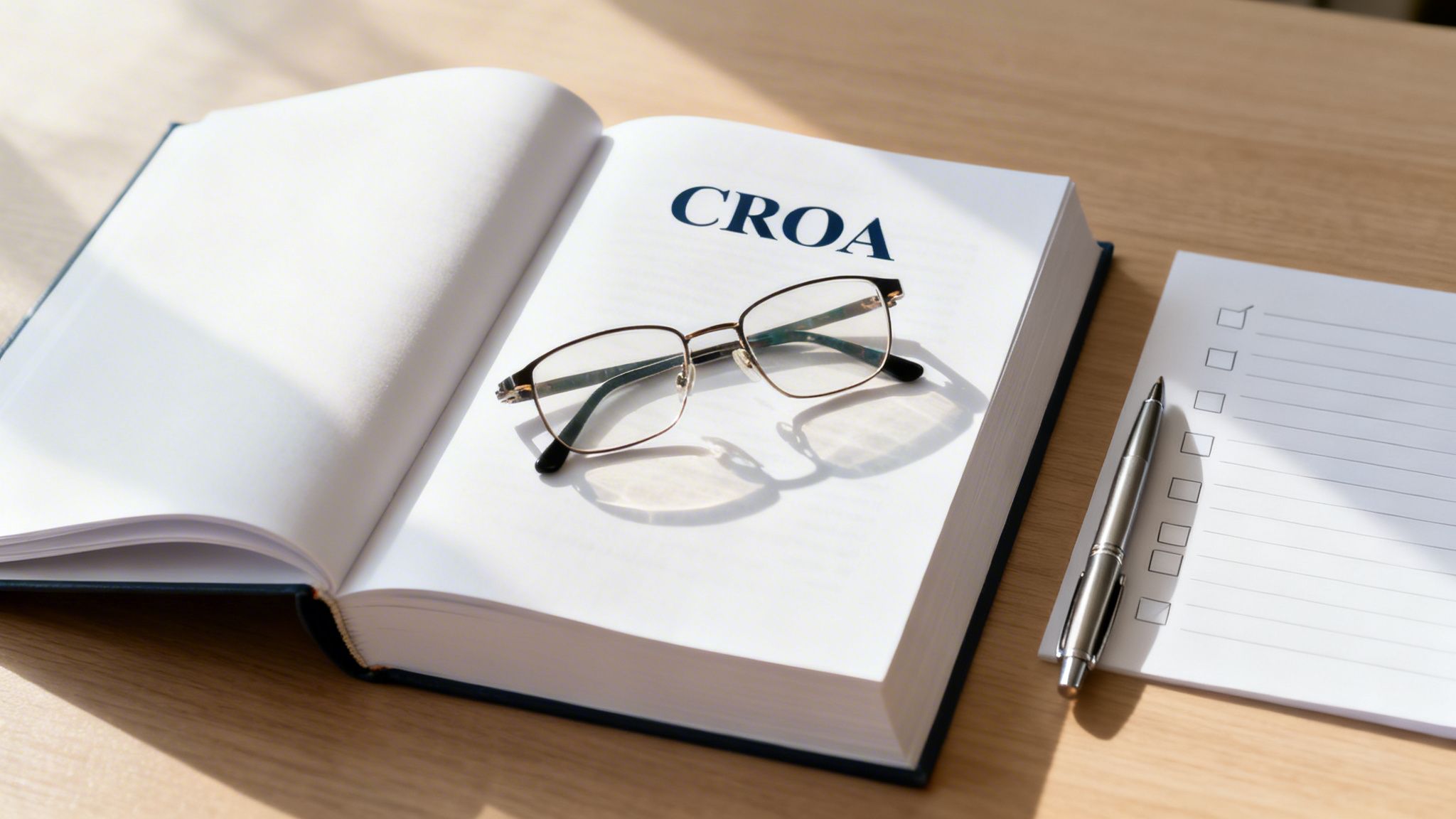 Open book with 'CROA' title and glasses, next to a checklist and pen on a wooden desk.