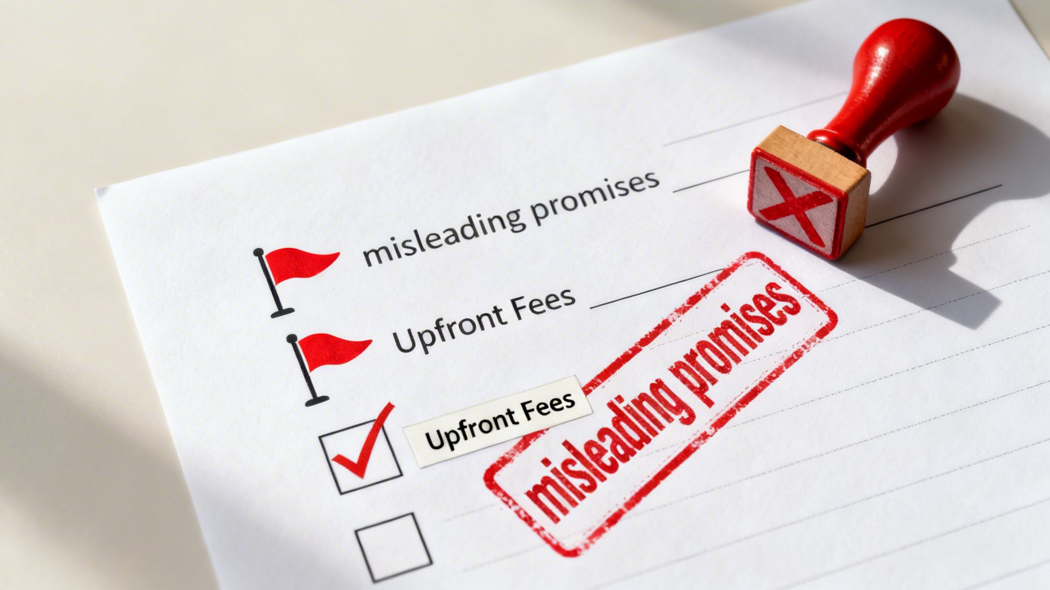 Checklist on paper with 'misleading promises' and 'Upfront Fees' highlighted as deceptive practices.