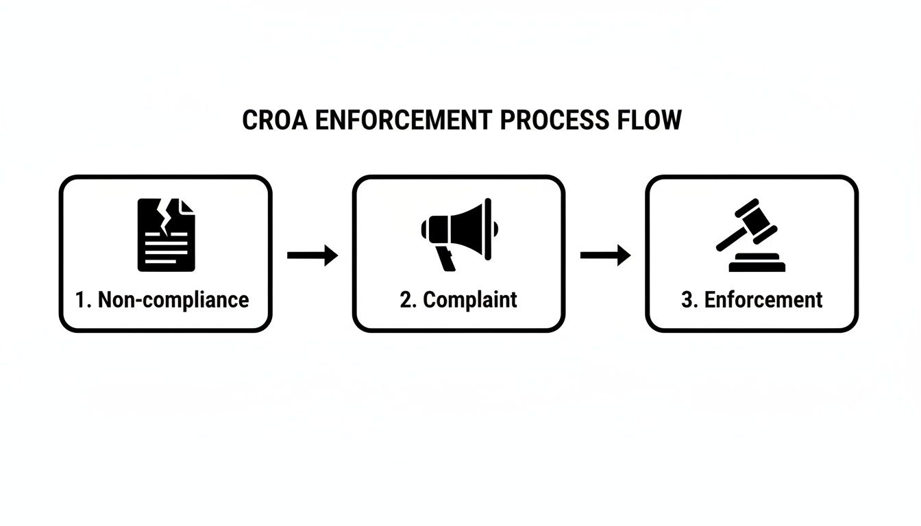 Flowchart illustrating the CROA enforcement process: non-compliance leads to complaint, then enforcement.