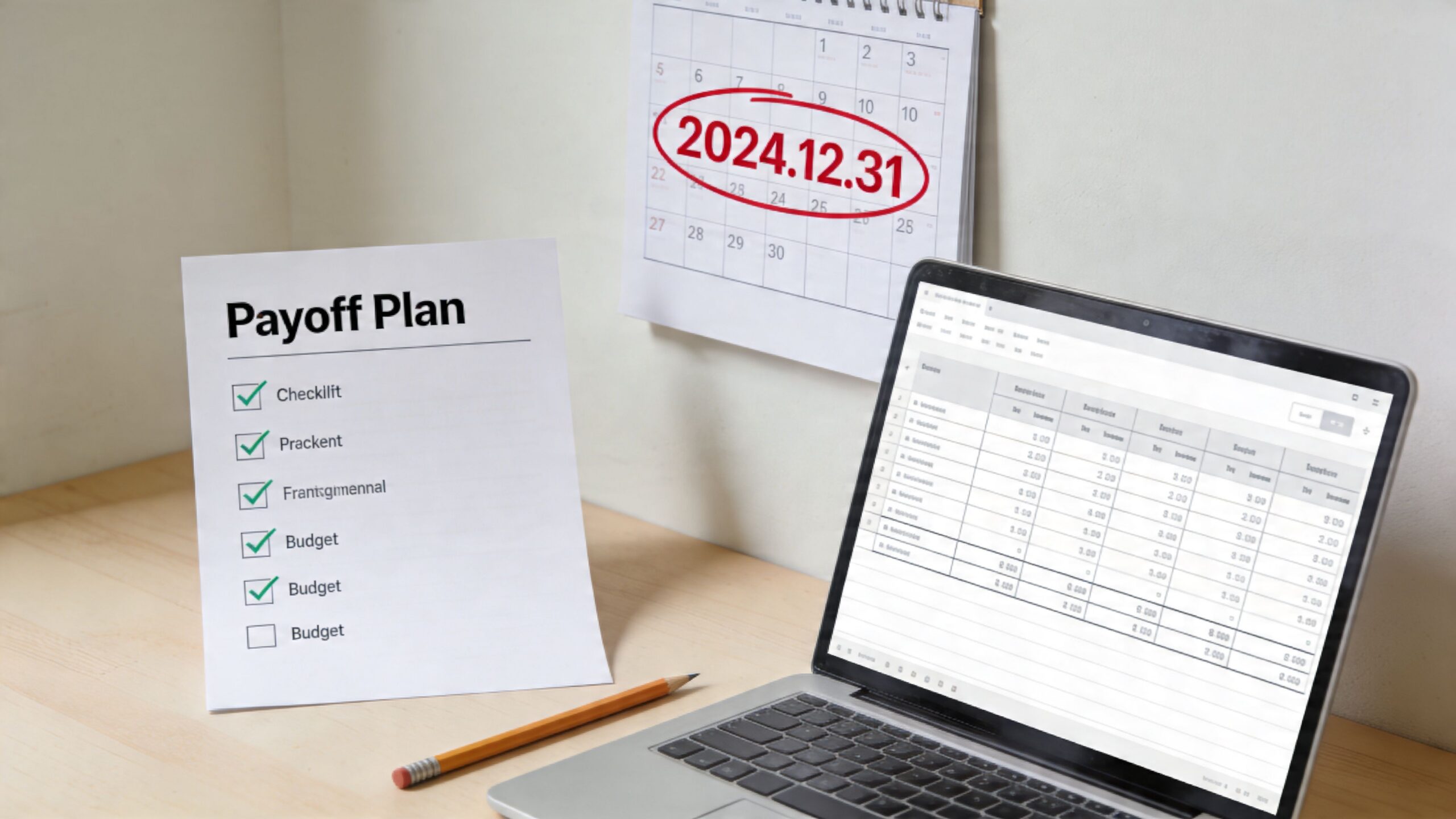 A checklist labeled Payoff Plan beside a laptop showing financial tables and a calendar marked 2026.12.31.