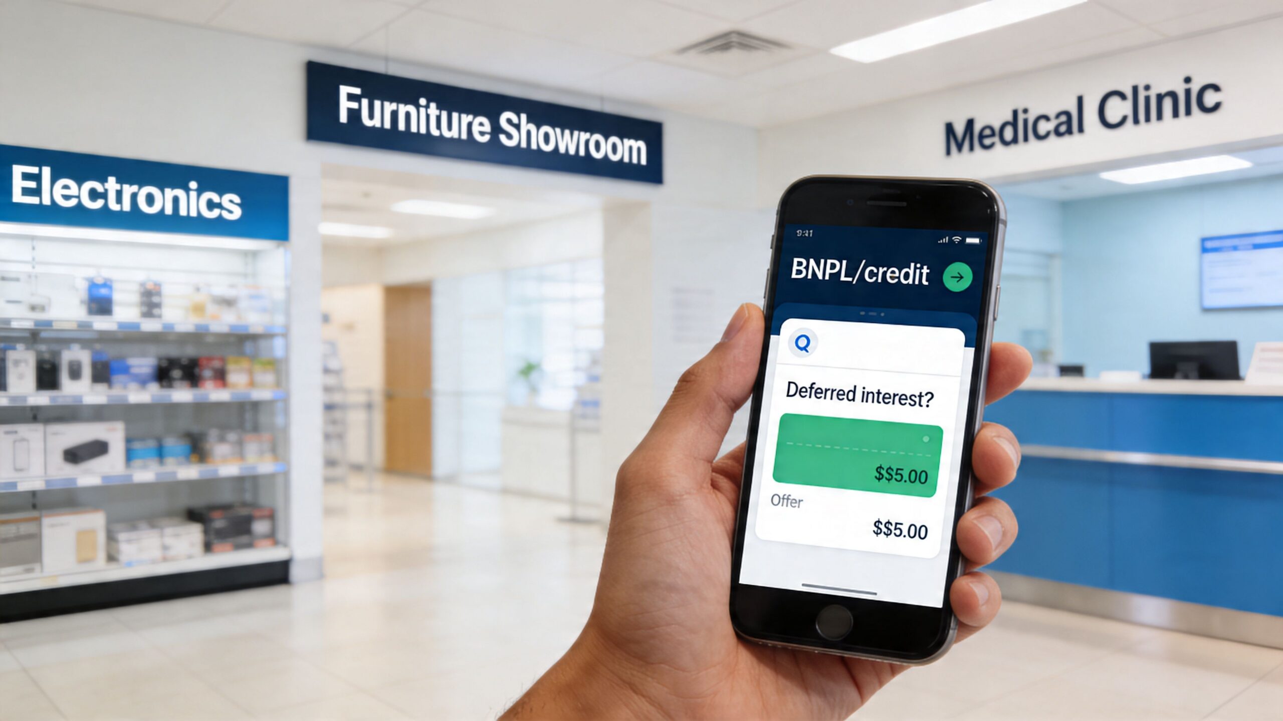 A hand holding a smartphone displaying a BNPL and deferred interest credit offer in a retail environment.