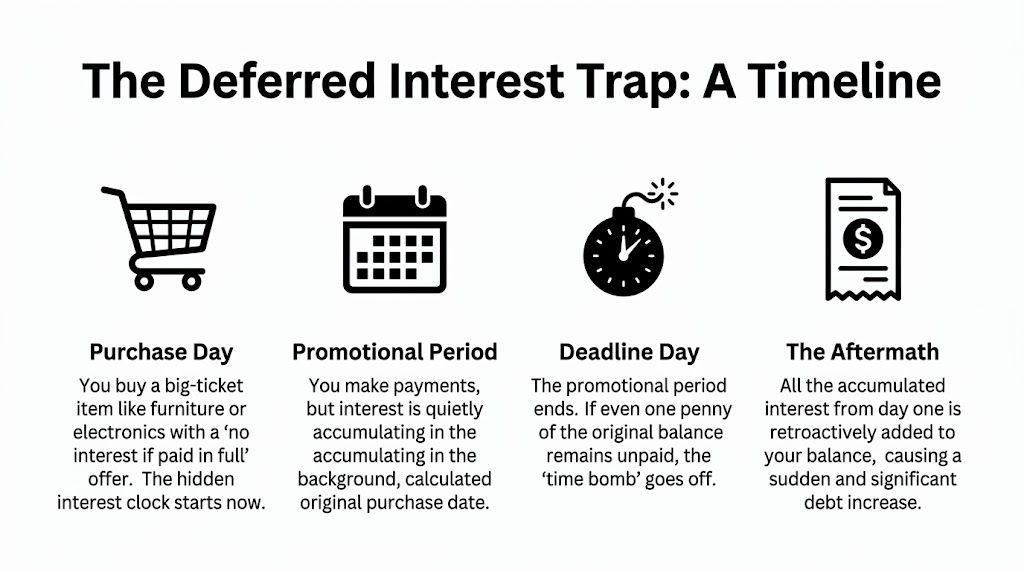 A diagram explaining the four-step timeline of the deferred interest trap for credit purchases.