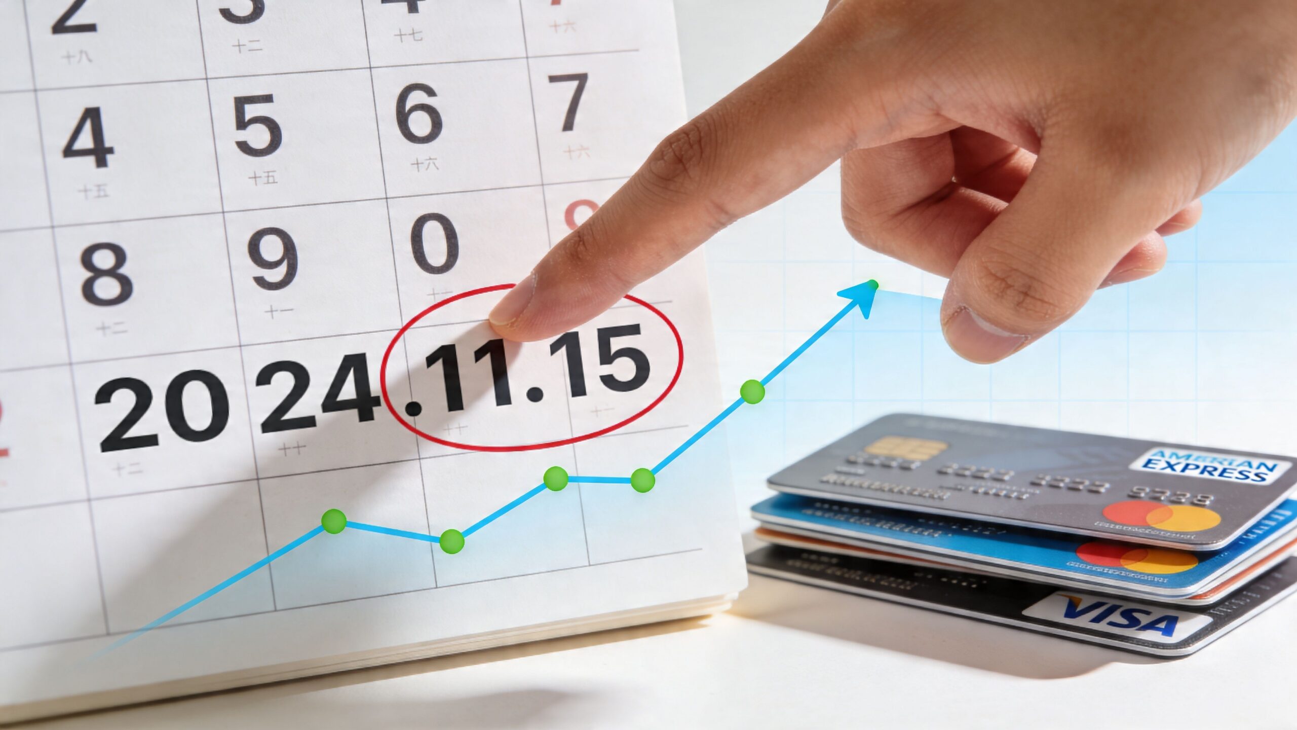 A hand points to a circled date on a calendar with a credit score graph and credit cards.