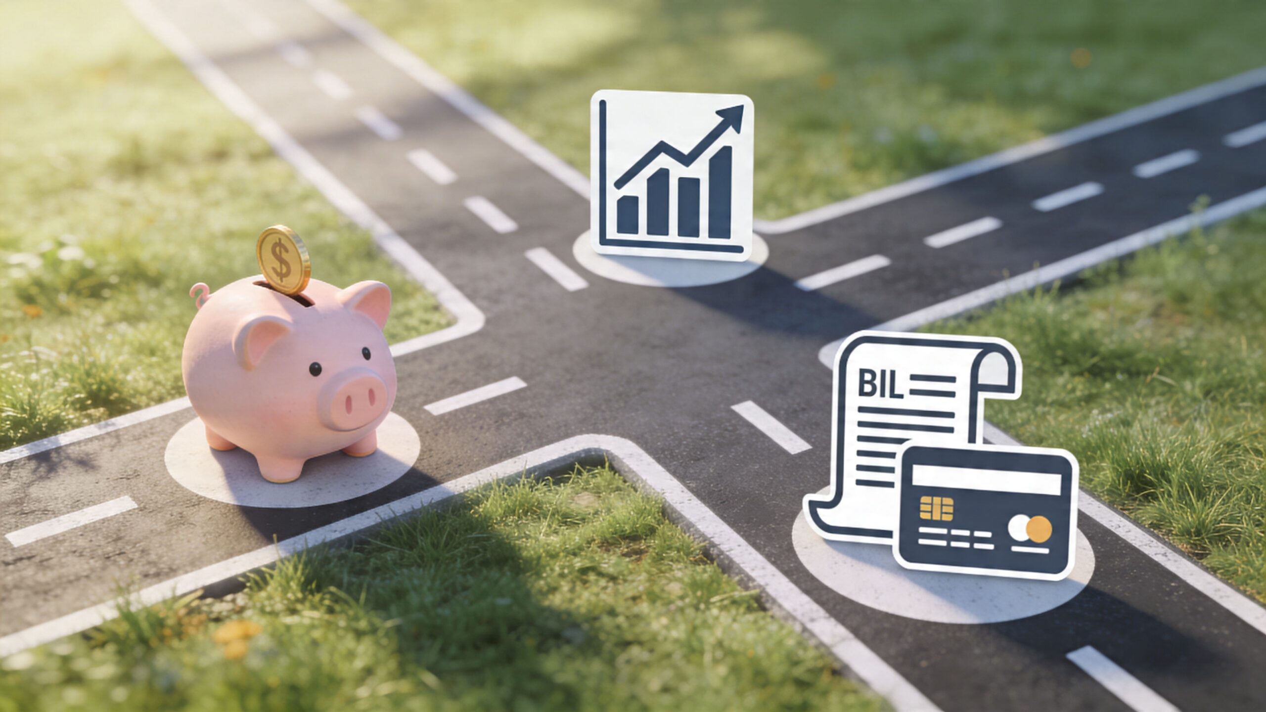 A piggy bank and financial icons placed at a crossroads representing financial choices and money management decisions.