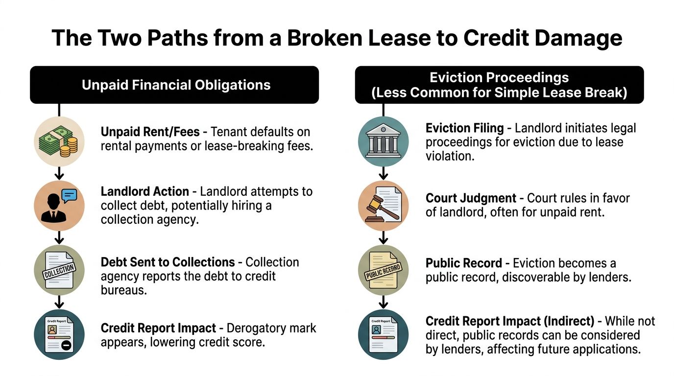 An infographic detailing the two pathways from breaking a lease to potential credit damage and financial consequences.