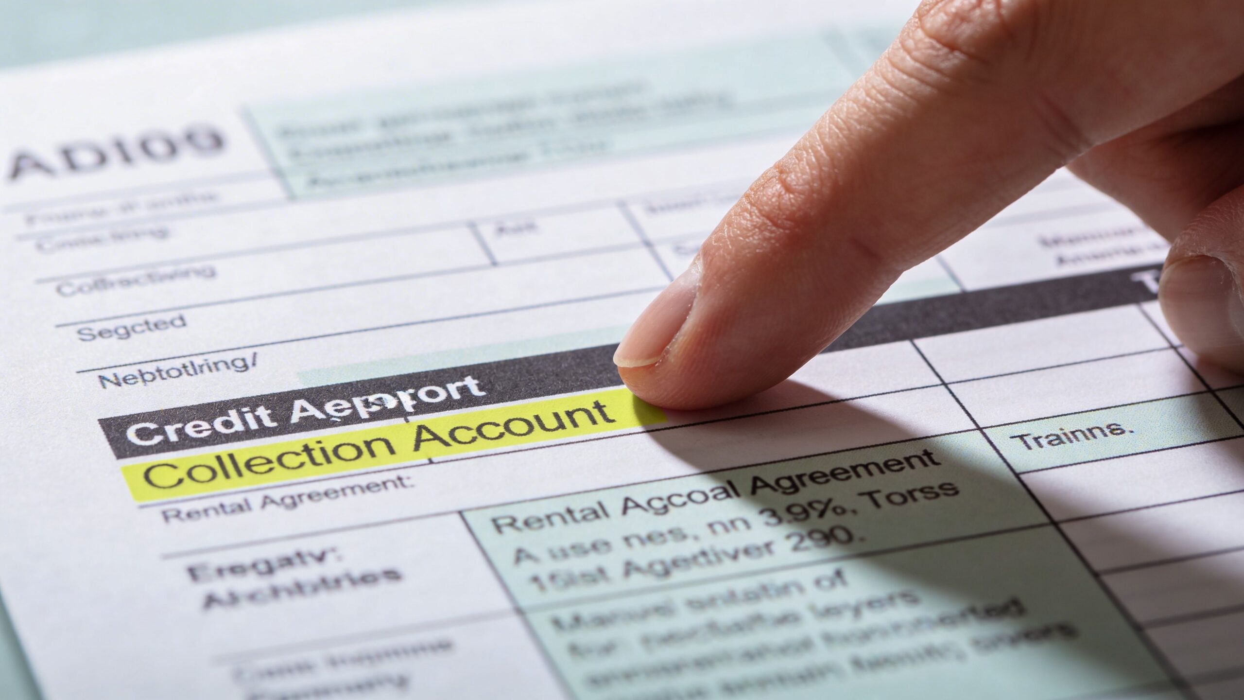 A close-up view of a hand pointing at a highlighted collection account on a credit report document.