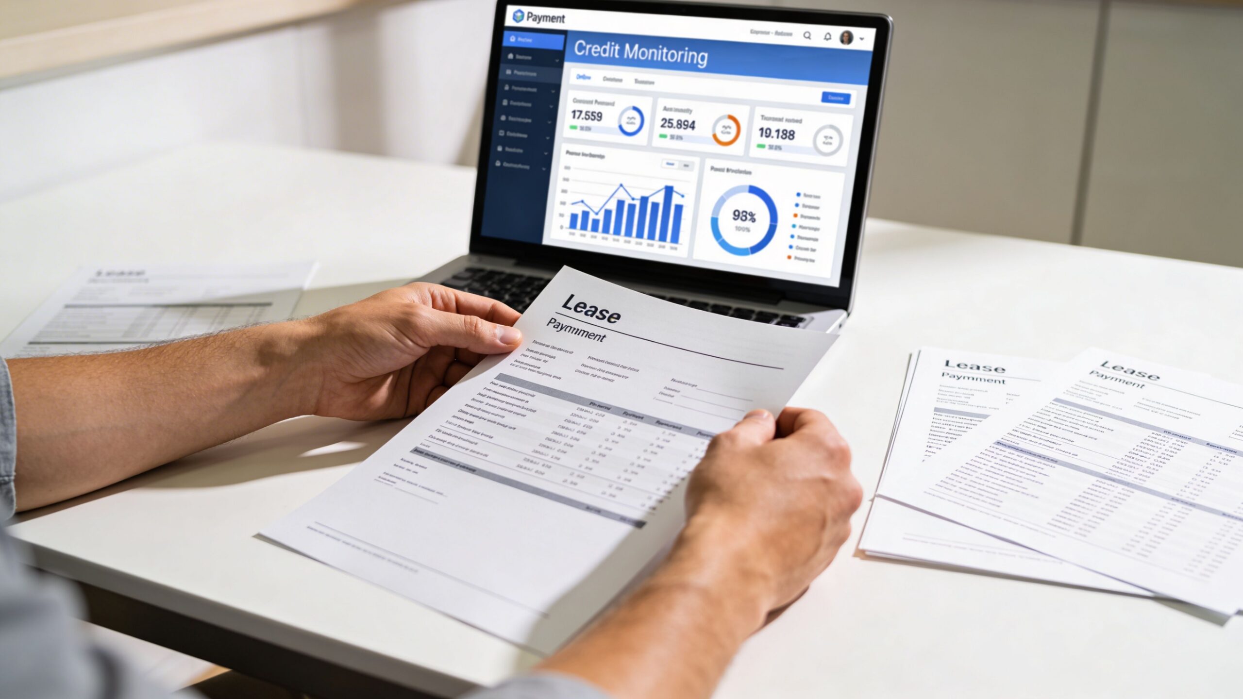 A person reviewing lease payment documents while looking at a credit monitoring dashboard on their laptop screen.