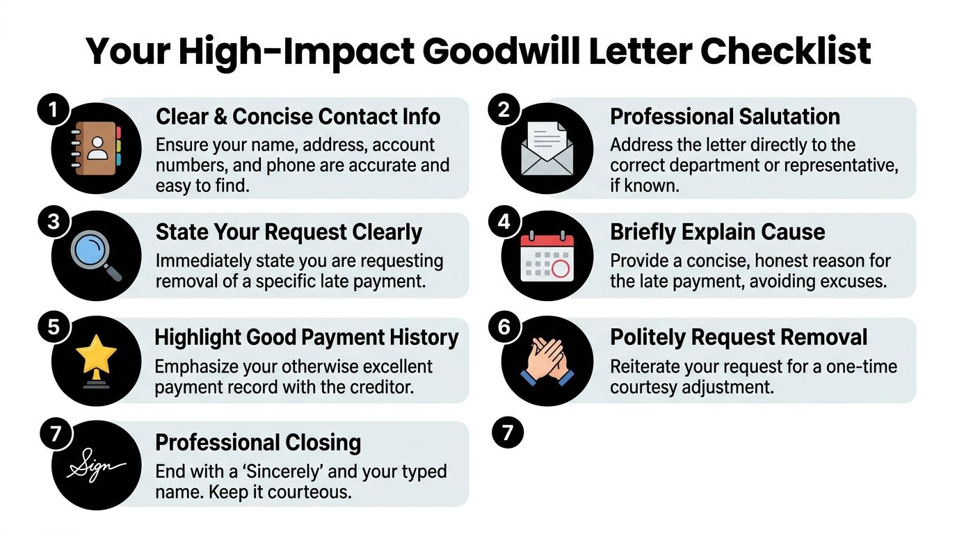 A checklist infographic outlining seven essential steps for writing an effective goodwill letter to remove late payments.