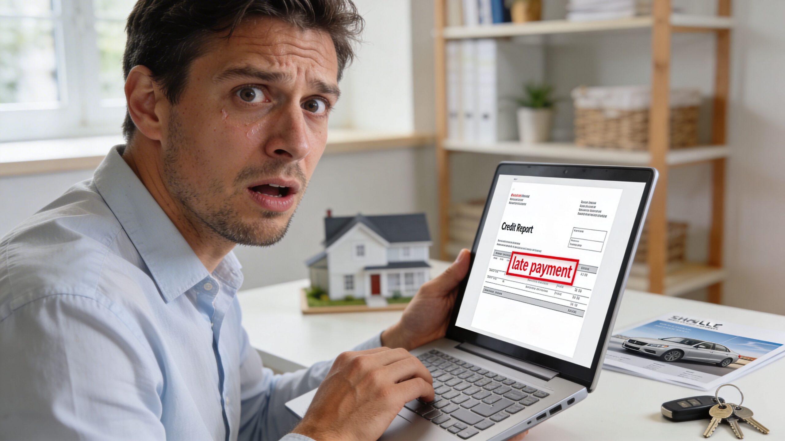 A distressed man looking at his laptop screen displaying a credit report showing a late payment notice.