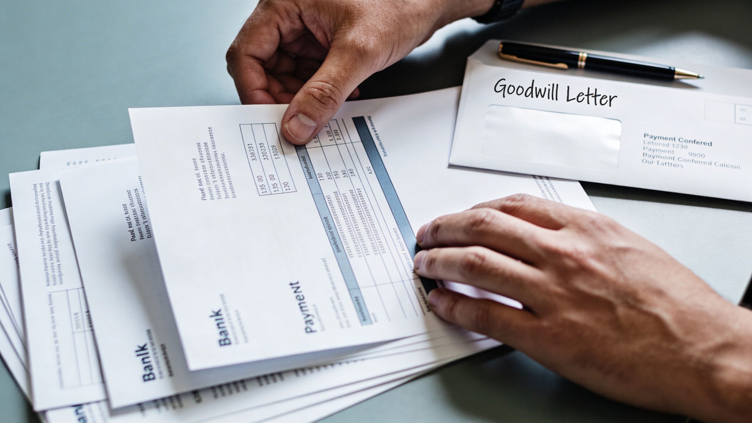 A person organizing financial documents and a goodwill letter to address late payments at a desk.
