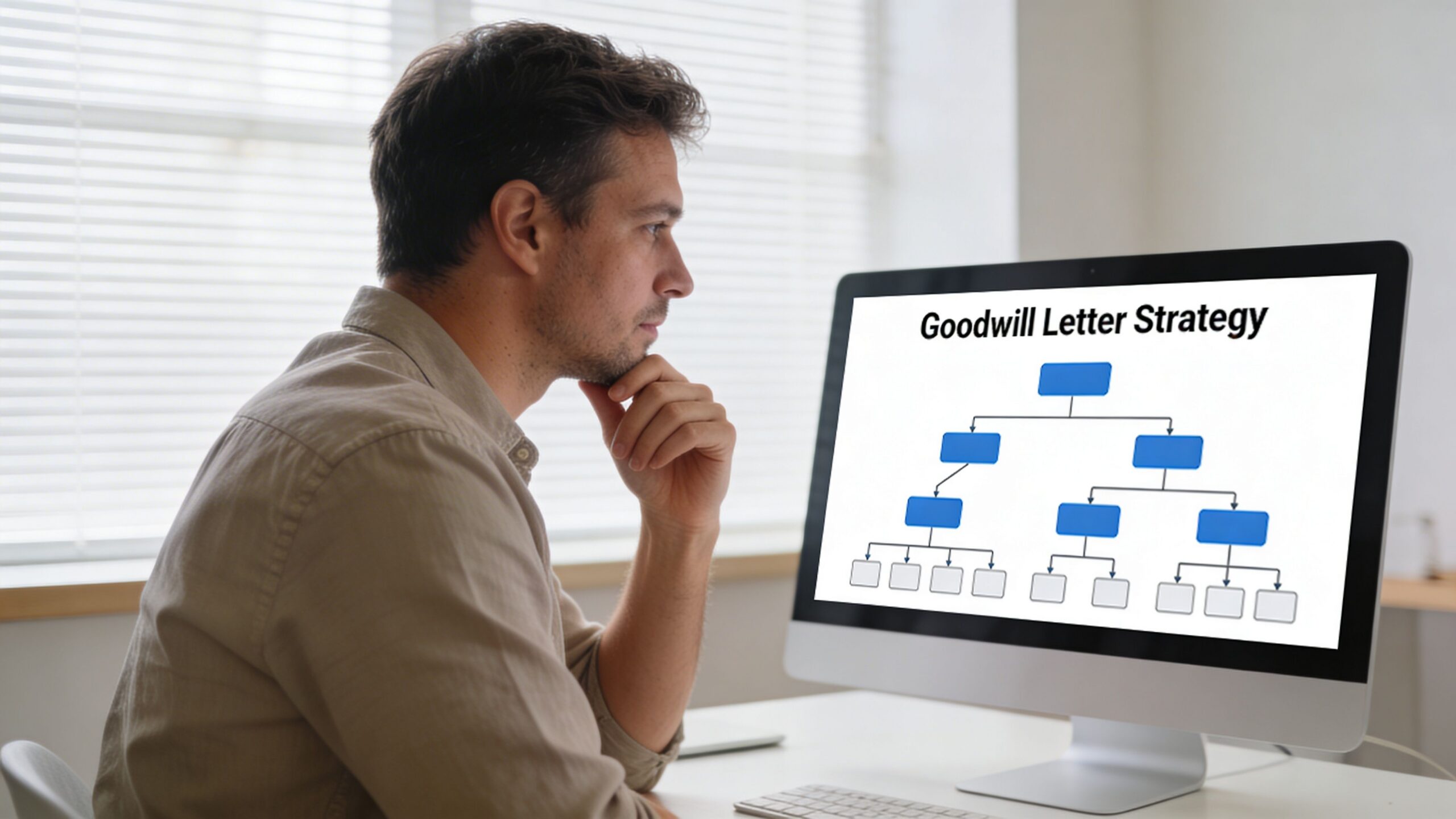 A man thoughtfully looking at a computer screen displaying a Goodwill Letter Strategy flow chart.