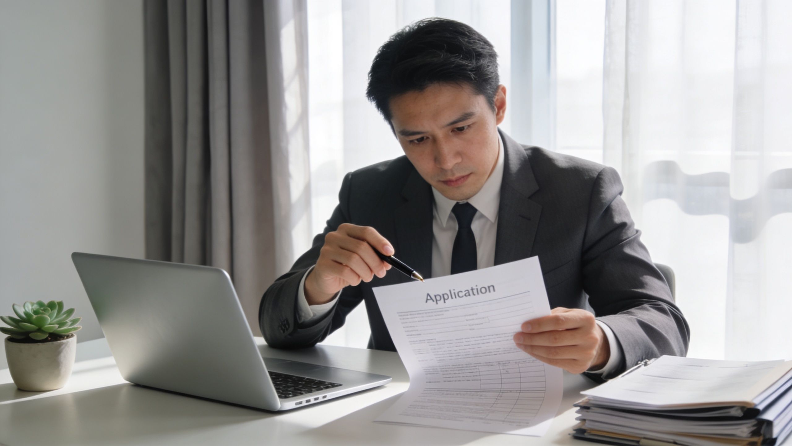 A professional man in a suit sits at a desk reviewing an application document with a laptop.
