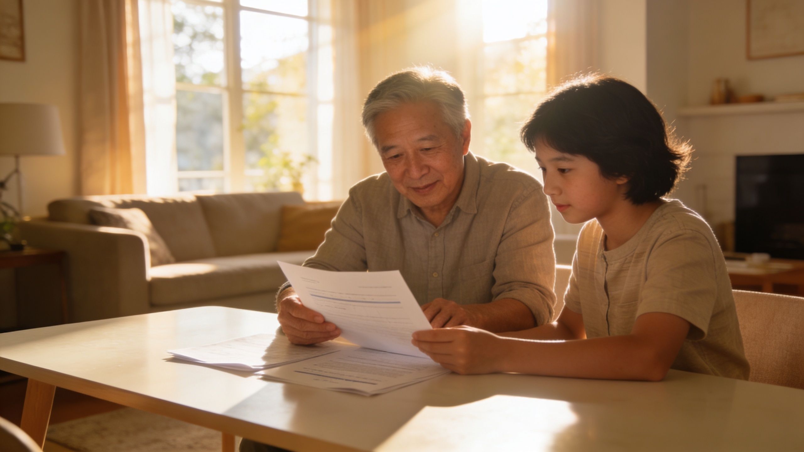 An elderly man and a young boy reviewing important documents together at a table in a sunlit home.