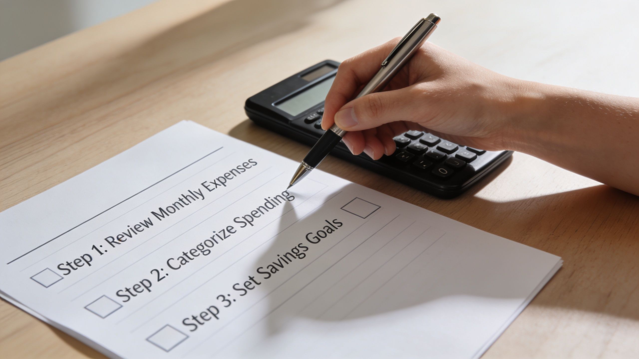 A person using a pen to indicate a financial planning checklist on a wooden table.
