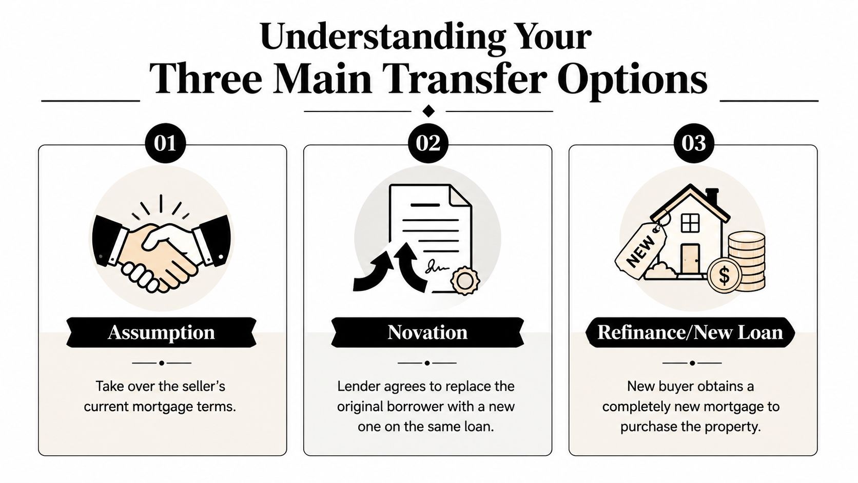 An infographic detailing three options for transferring a home loan, including assumption, novation, and refinance.