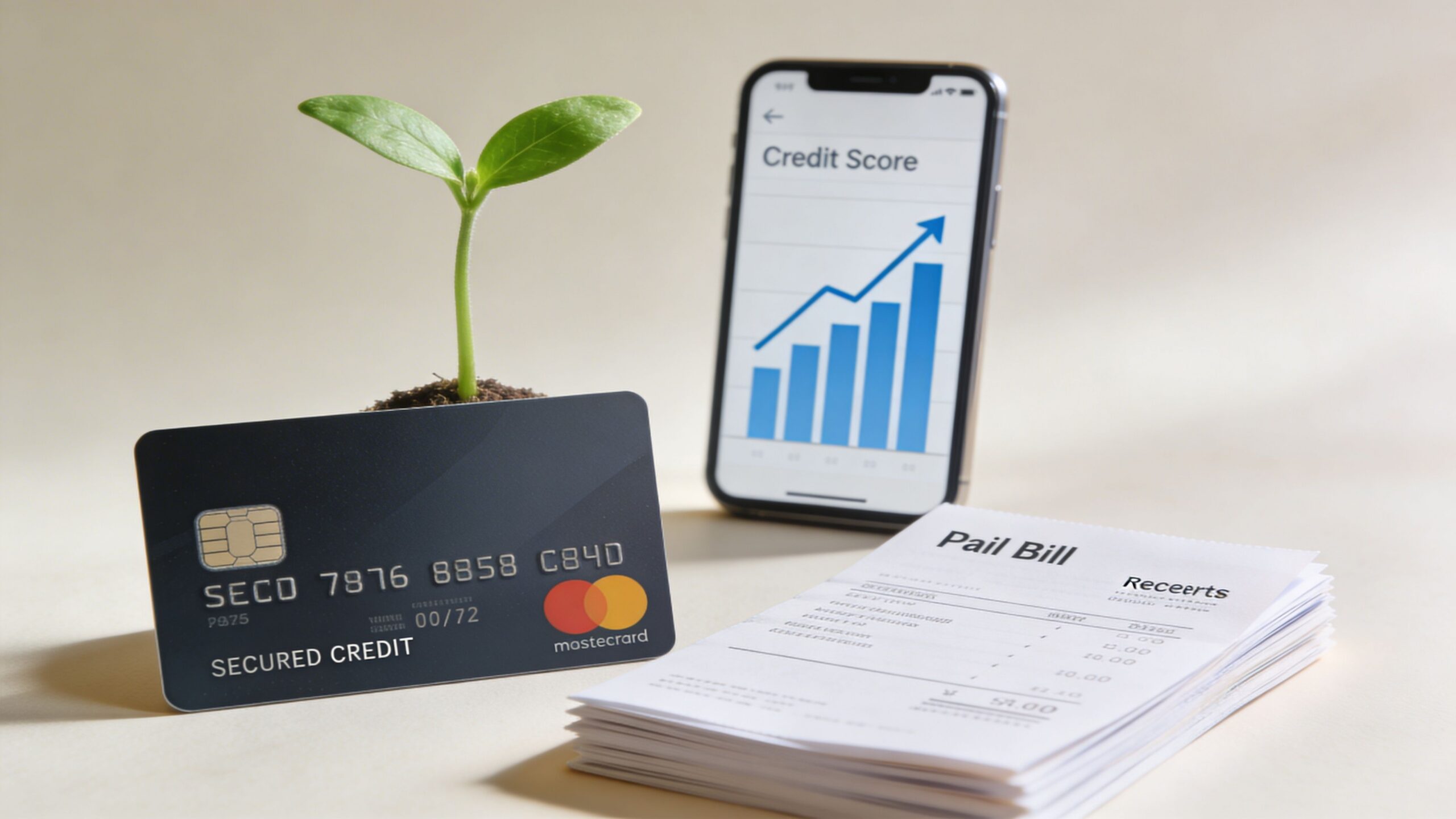 A credit card, a smartphone displaying a credit score growth chart, and a stack of bills.