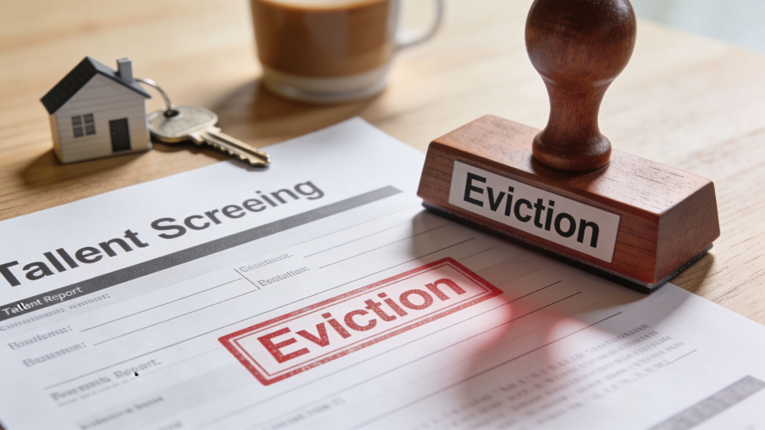 A wooden eviction stamp sitting on a document labeled talent screening with a toy house and key.