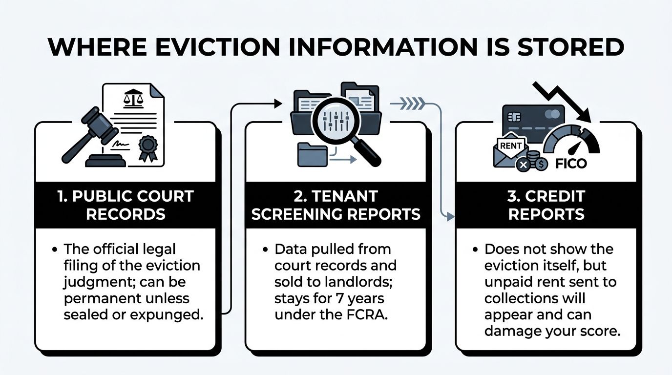 A diagram illustrating the three main places where eviction information is stored for public access.