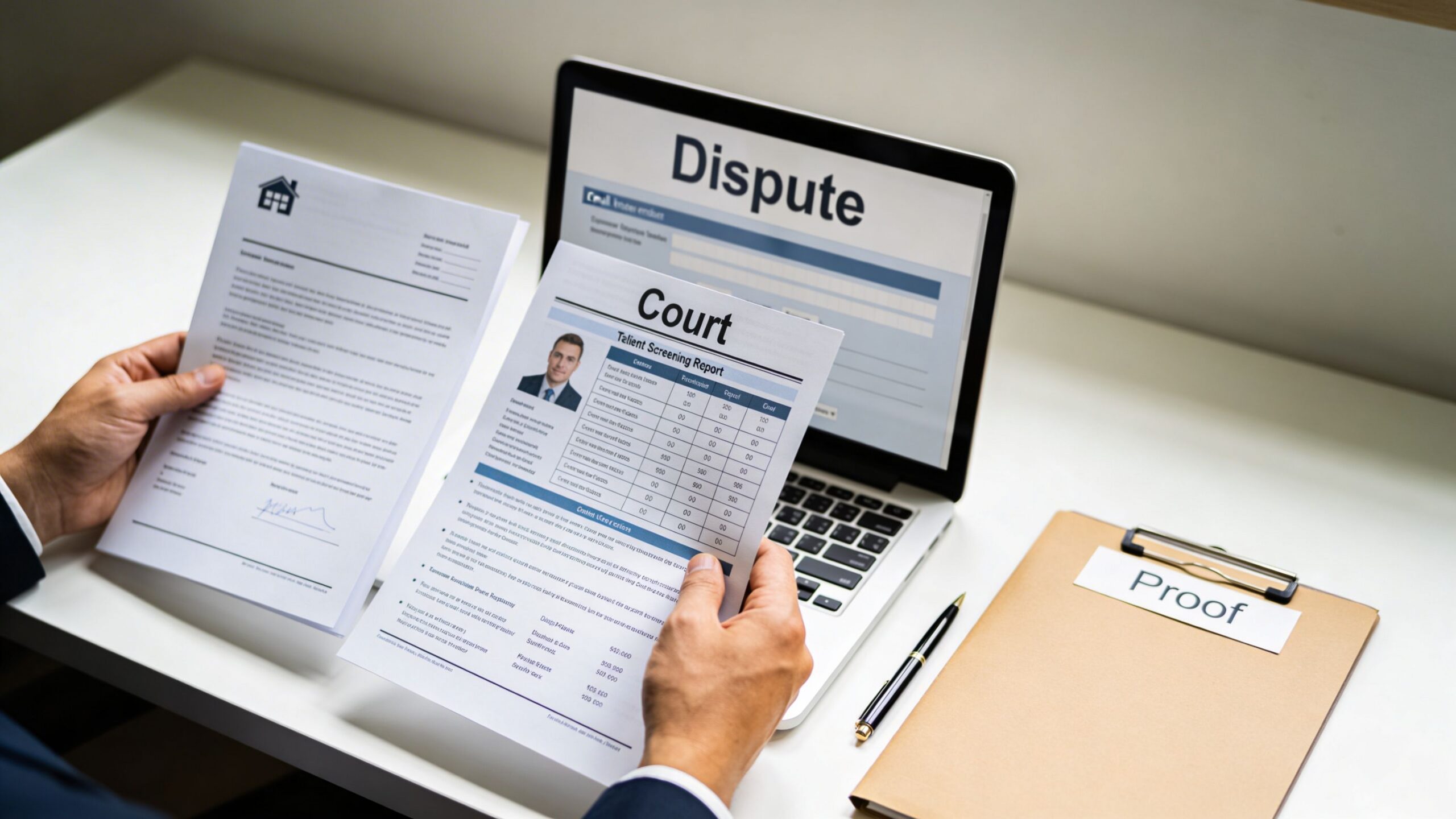 A person holding legal documents regarding eviction and court proceedings in front of a laptop computer.