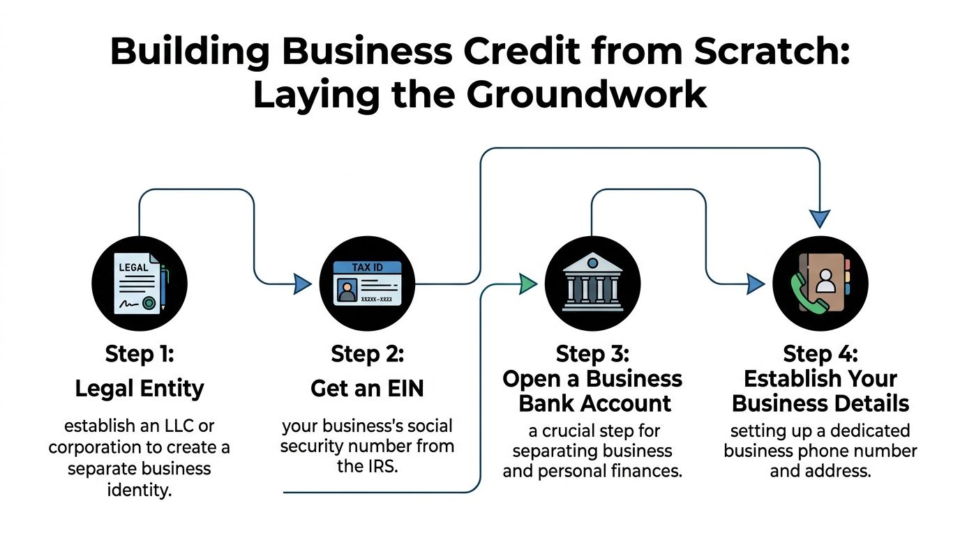 A four-step infographic showing how to build business credit by establishing a legal entity and obtaining an EIN.