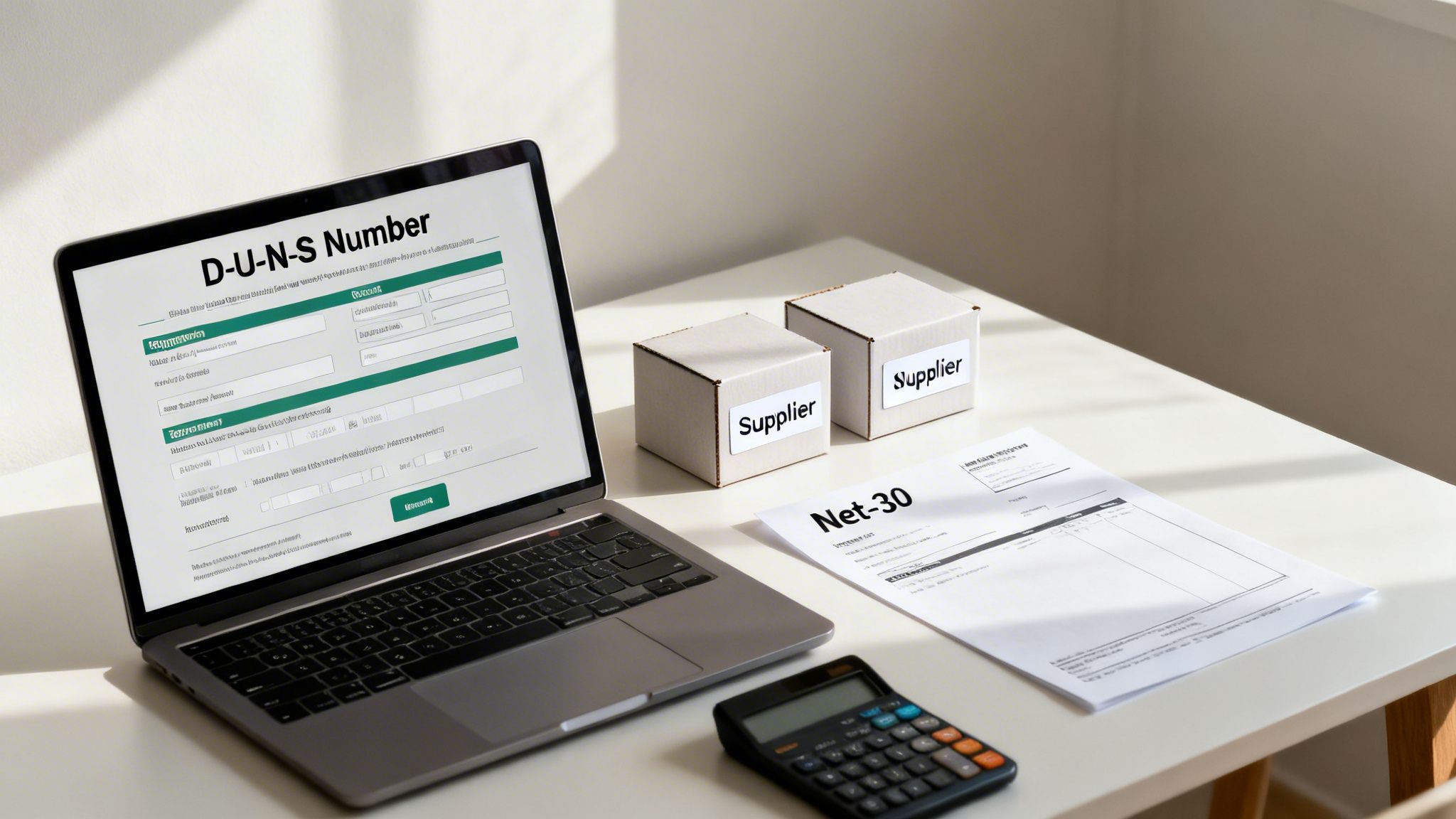 A laptop showing a business credit form next to supply boxes, a calculator, and a net-30 invoice.