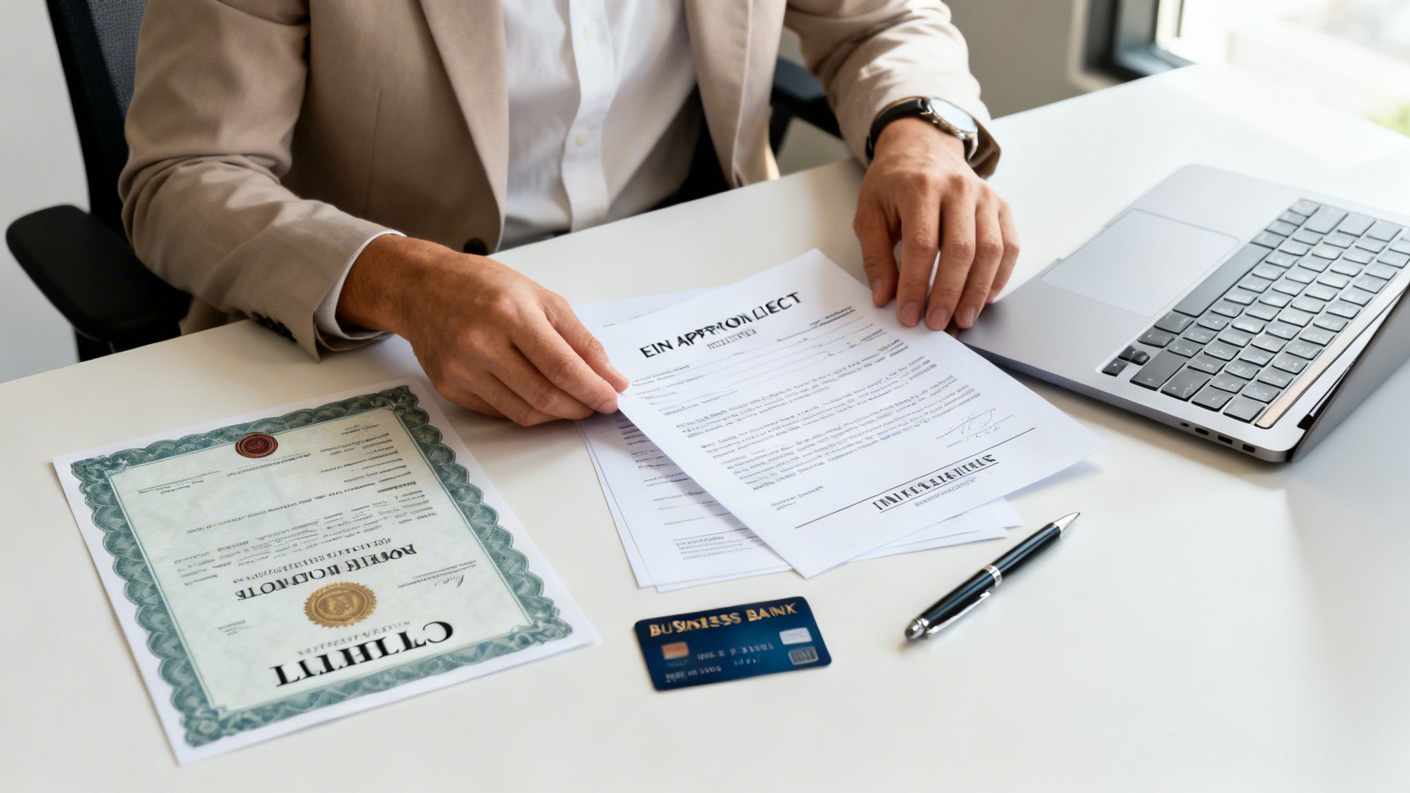 A professional man reviewing business documents and a financial certificate at a desk with a laptop.