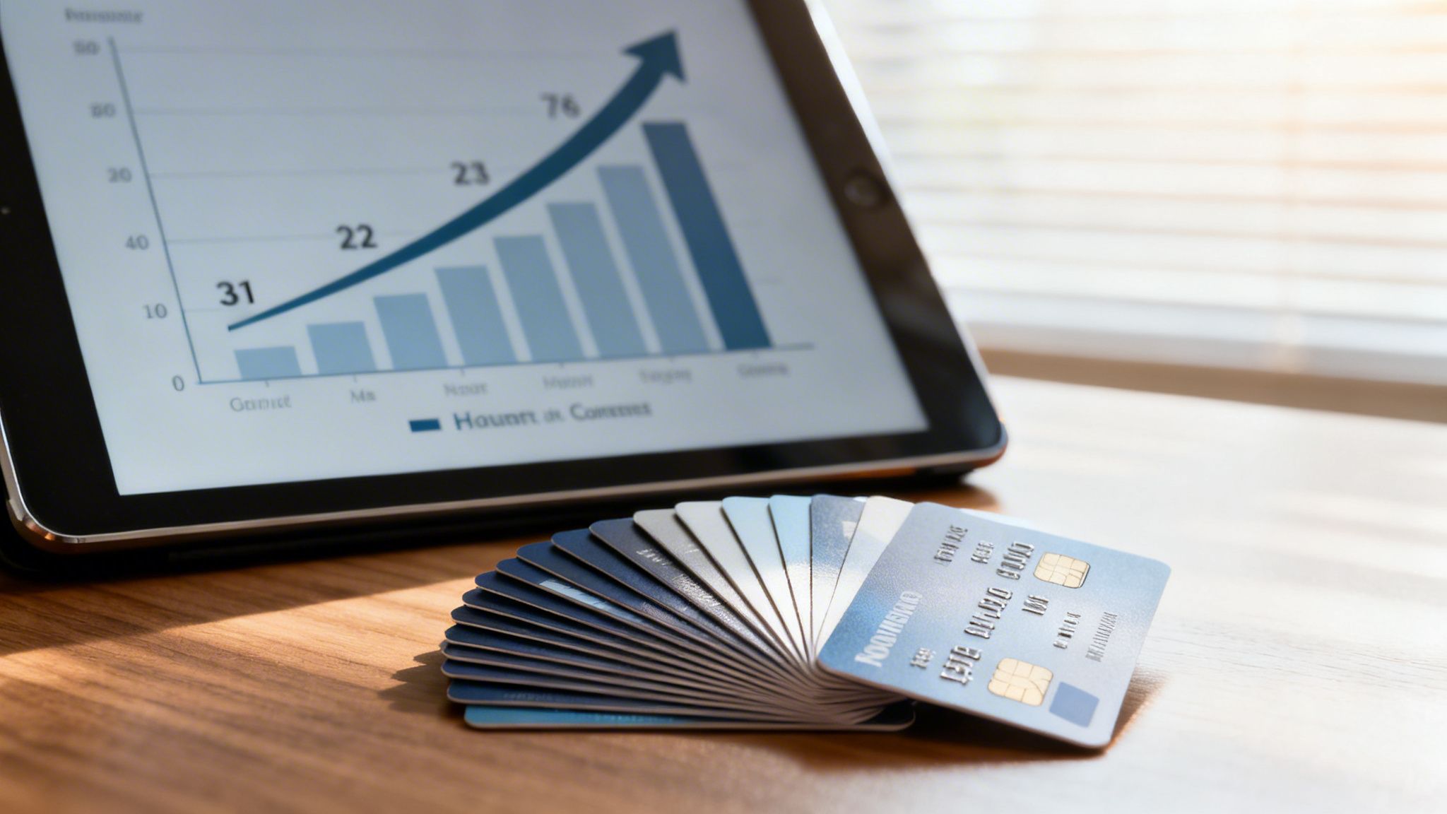 A tablet displaying a rising business growth graph placed behind a stack of various credit cards on wood
