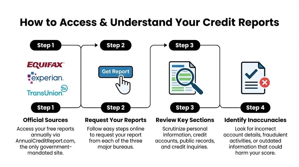 A flowchart infographic outlining four steps to access and review your official credit reports from major bureaus.