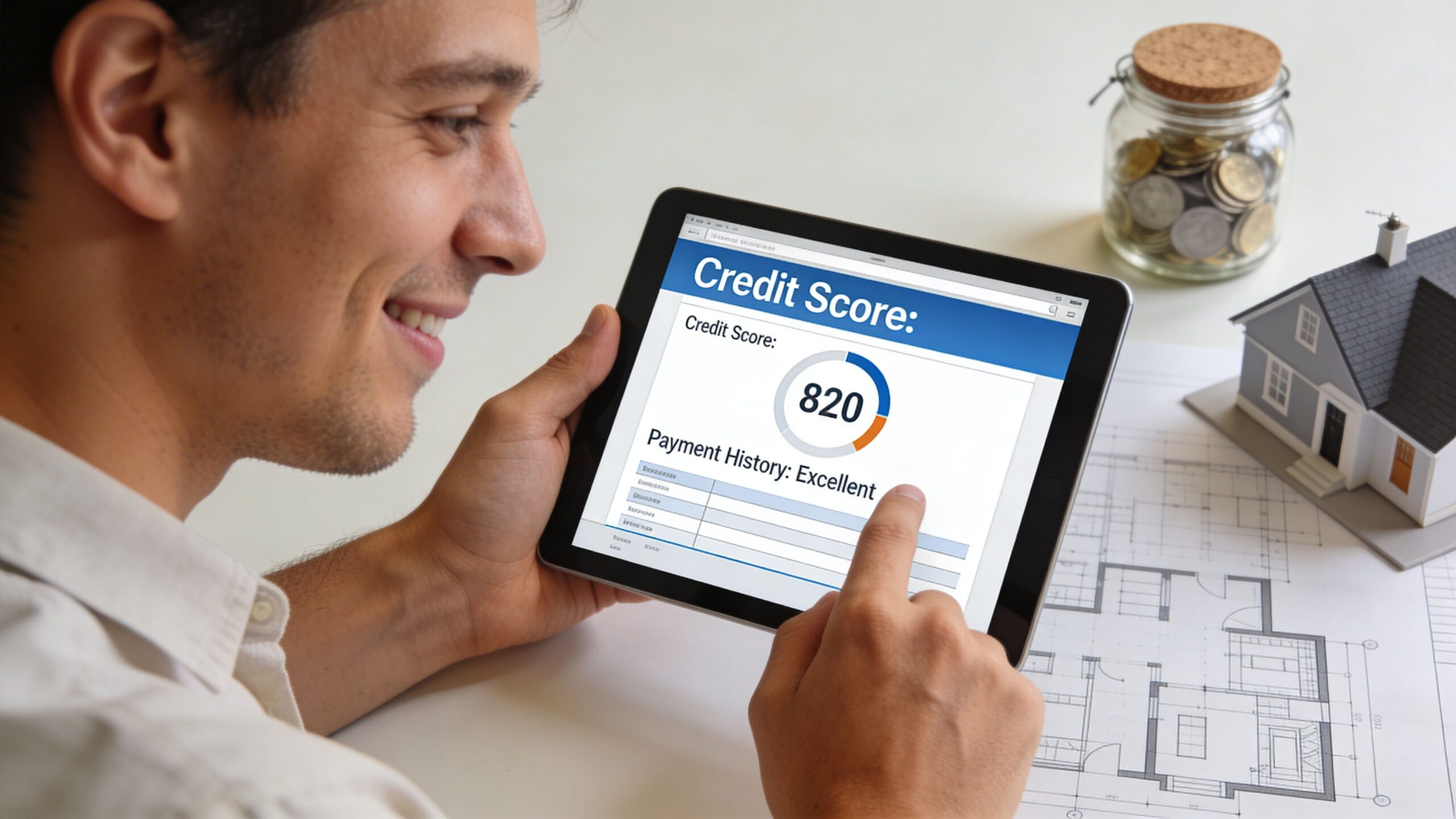 A happy man looking at a tablet showing a high credit score and excellent payment history.