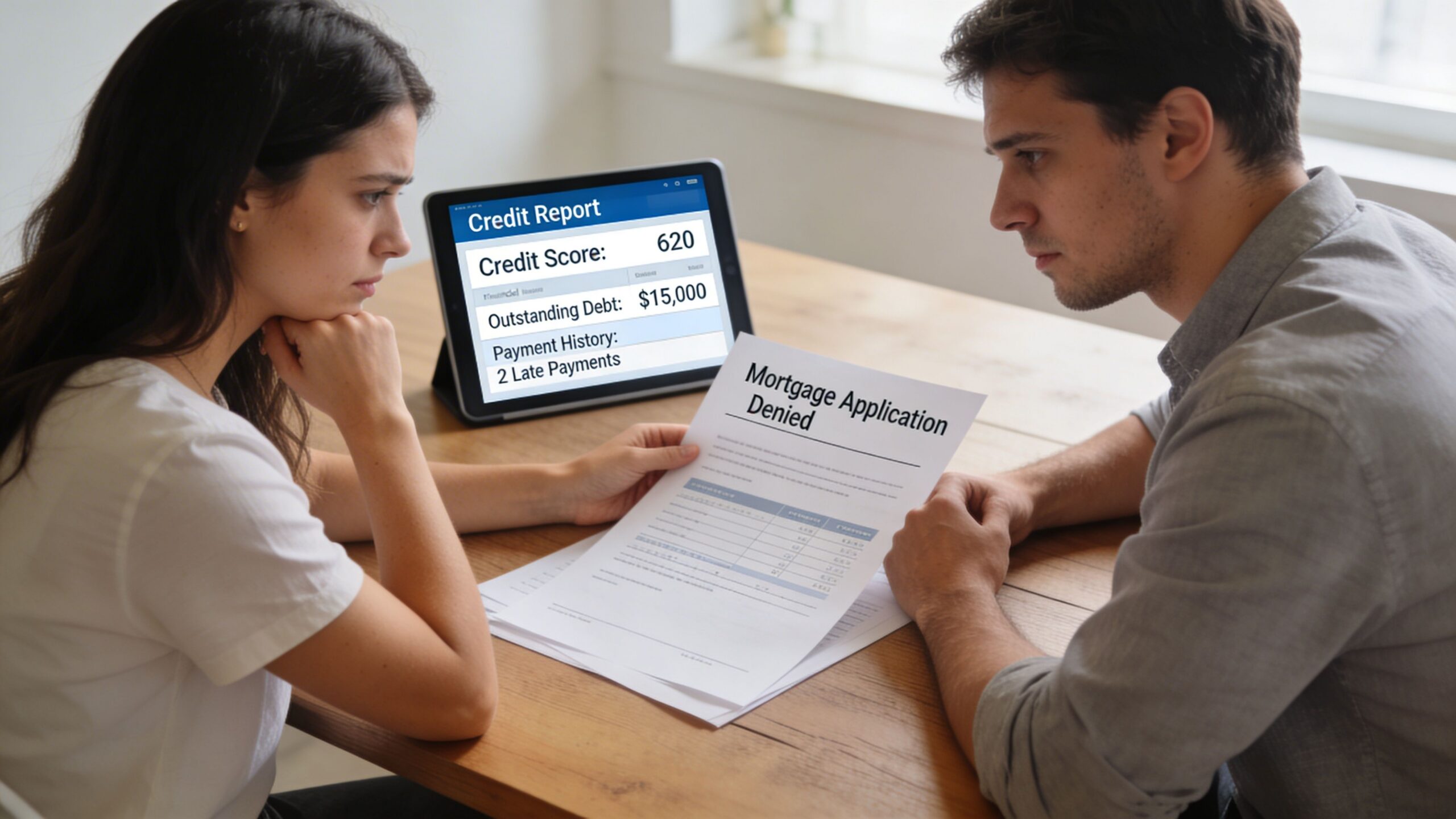 A concerned couple looks at a mortgage denial document and a tablet displaying their credit report details.