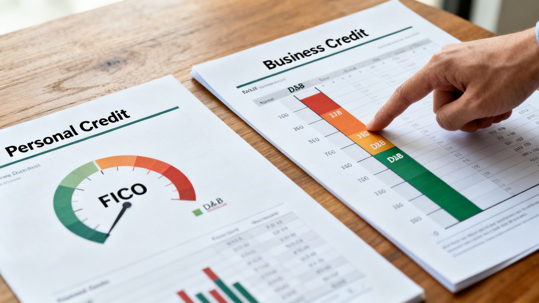 Hand pointing to a business credit report with D&B scores next to a personal credit FICO score document on a wooden desk.