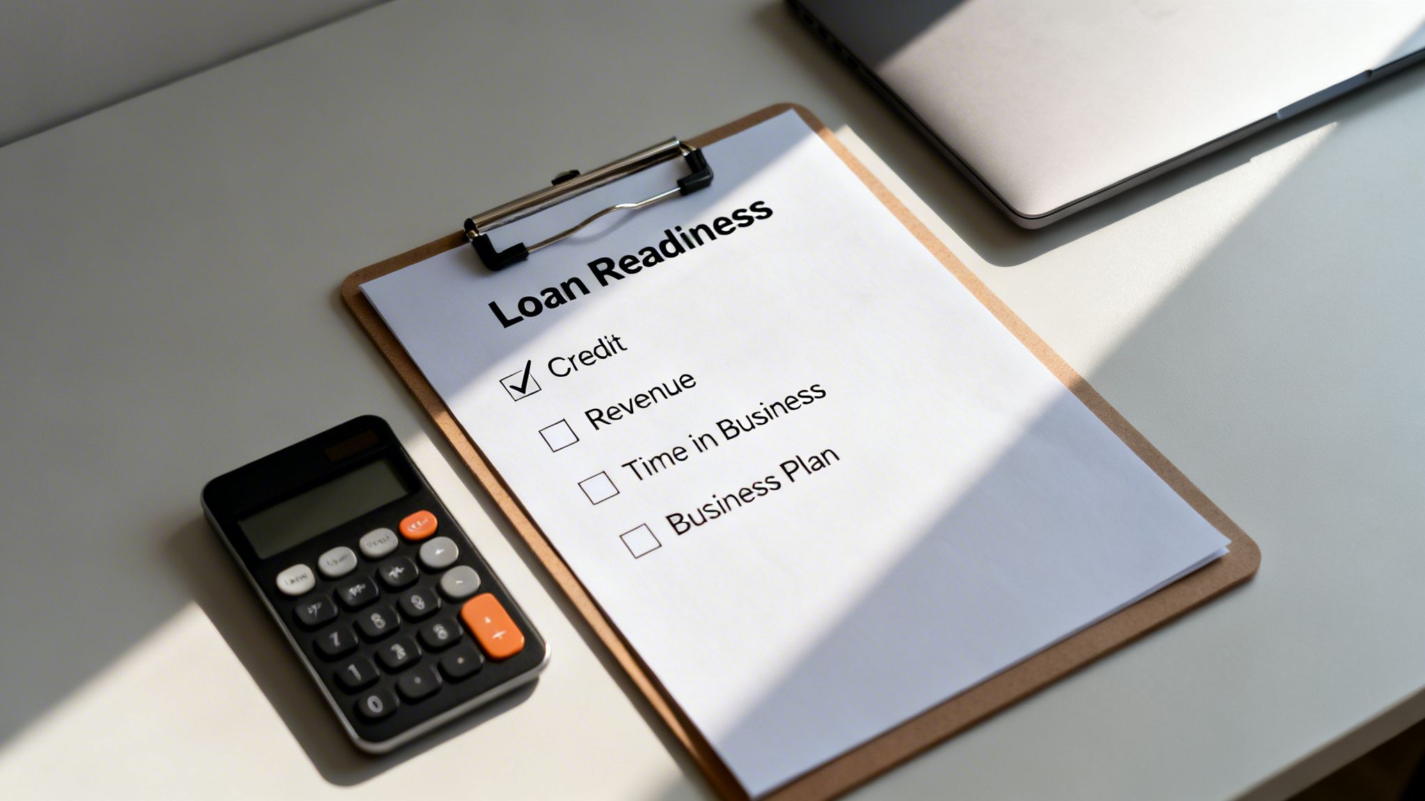 Clipboard with 'Loan Readiness' checklist showing 'Credit' checked, beside a calculator and laptop.