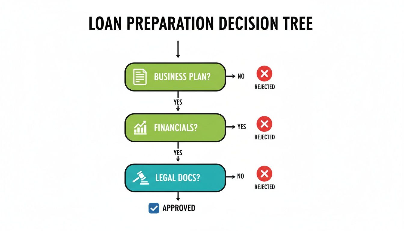 A loan preparation decision tree flowchart illustrating steps to qualify for loan approval.
