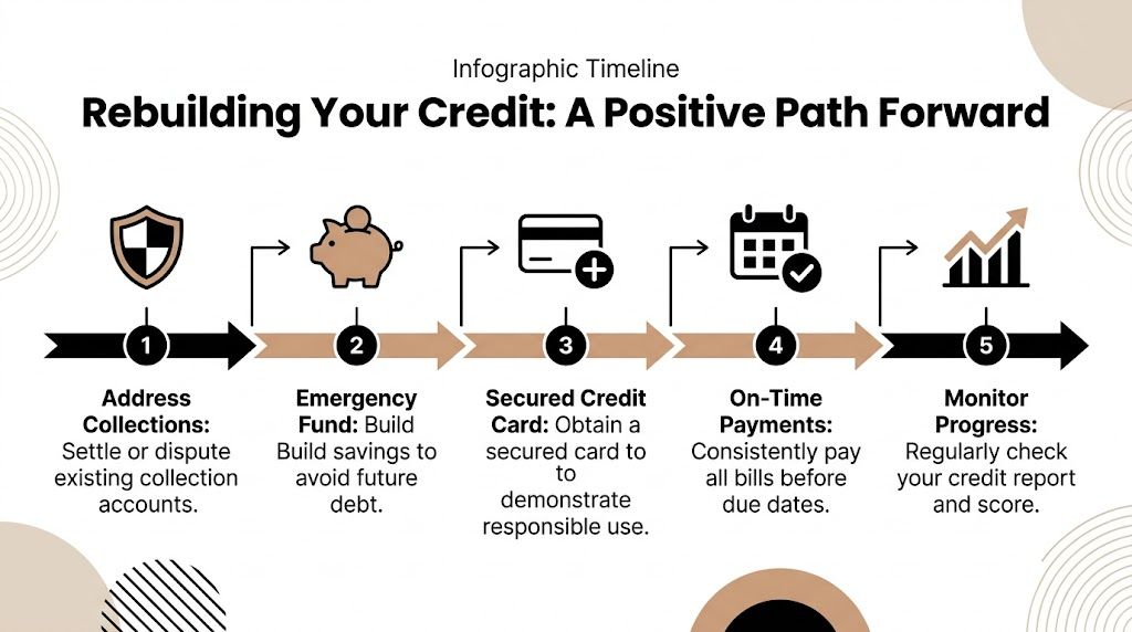 An infographic timeline illustrating five essential steps for successfully rebuilding personal credit and financial health.