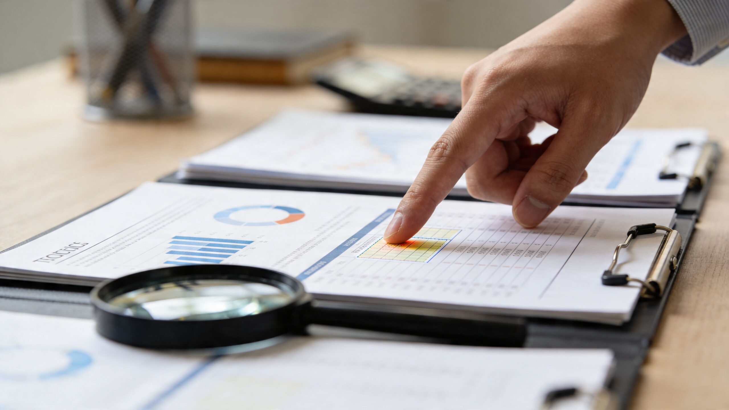 A professional analyzing business financial charts and data on a clipboard with a magnifying glass nearby.