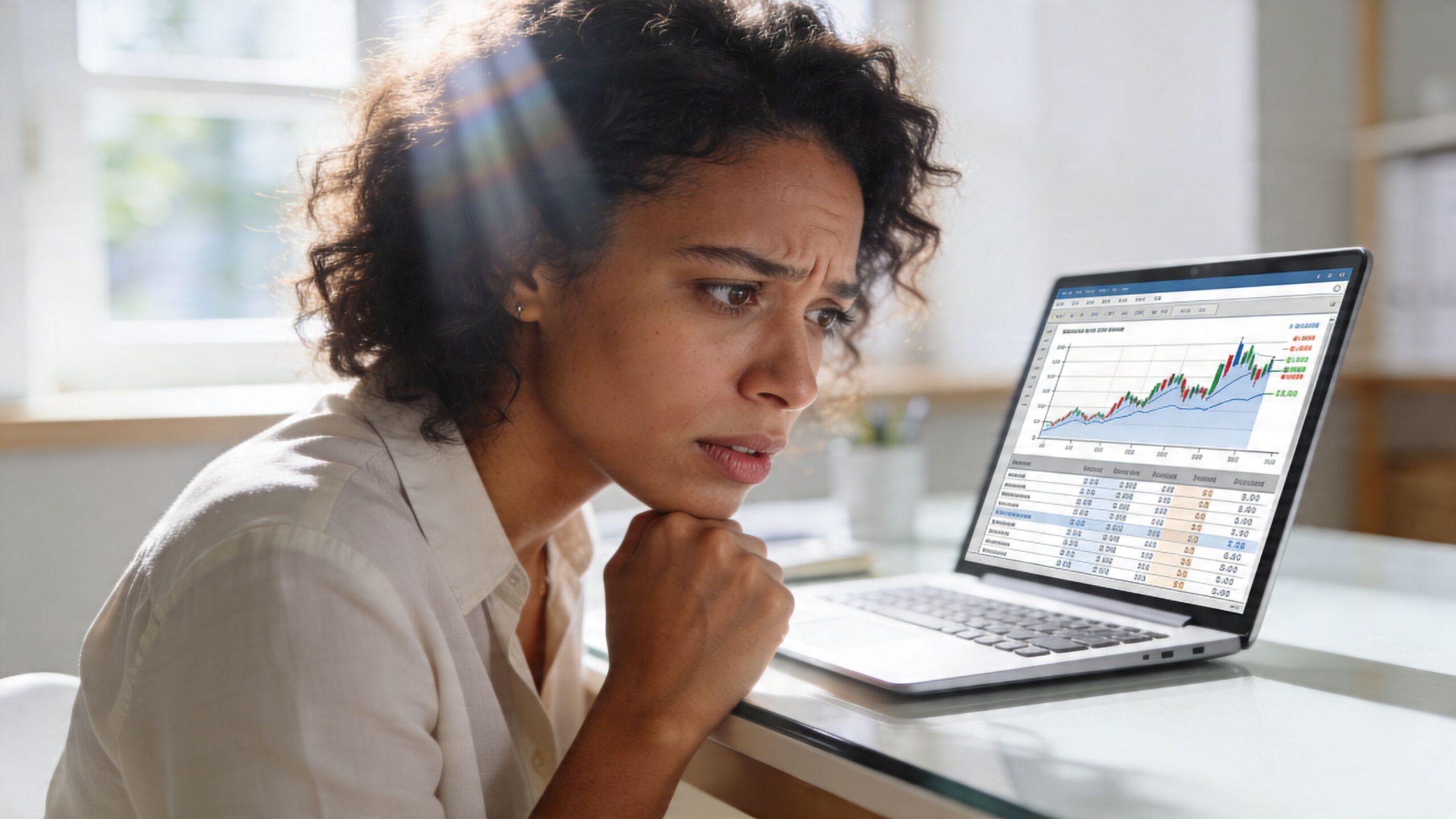 A concerned woman analyzing stock market financial charts on her laptop while sitting at her desk.