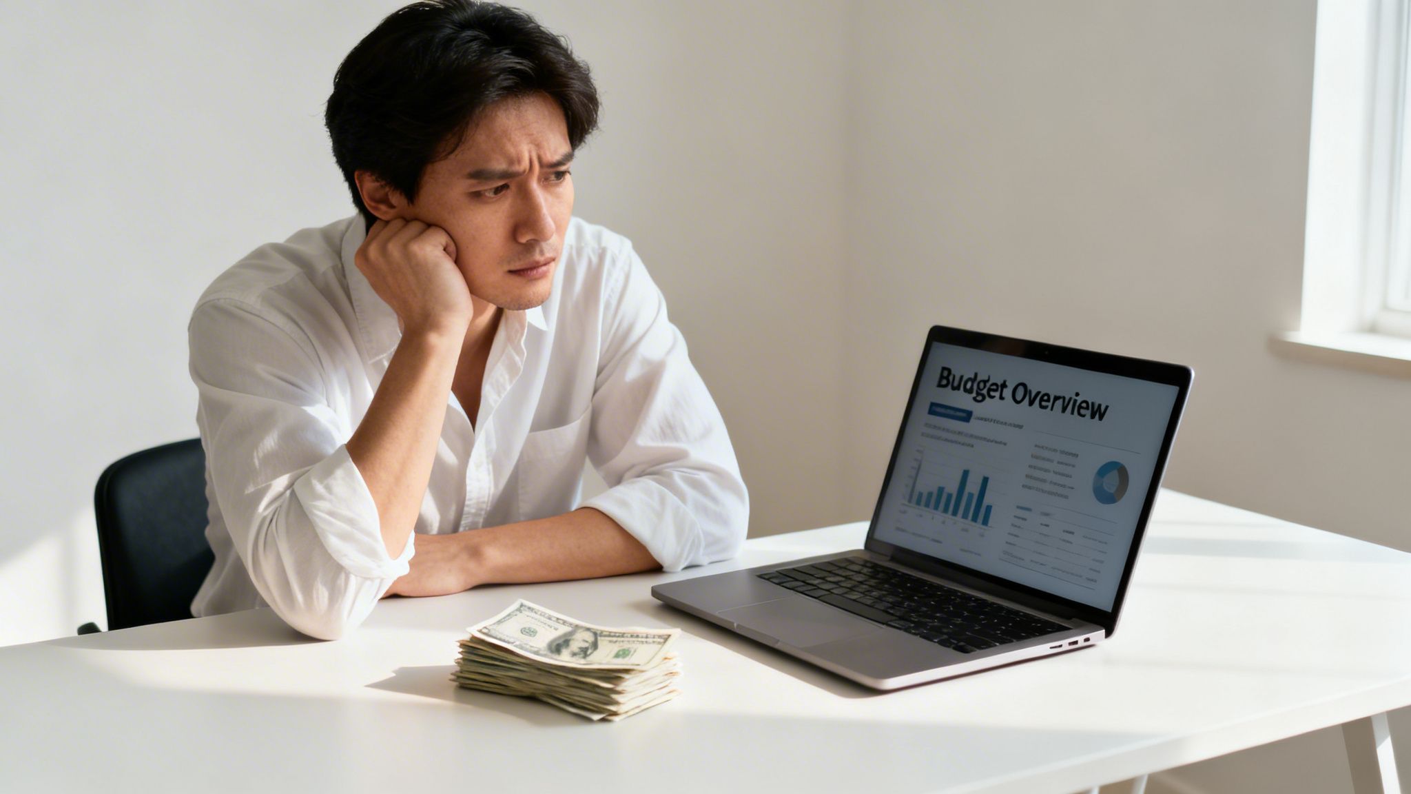 A worried man sitting at a desk with money and a laptop displaying a budget overview chart.
