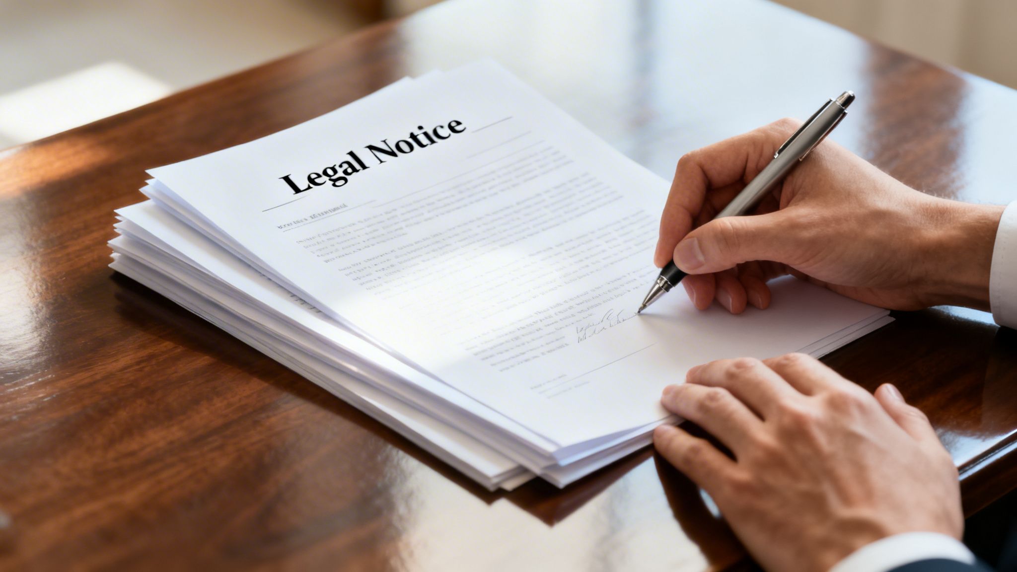 A professional signing a legal notice document on a wooden desk with a silver pen.