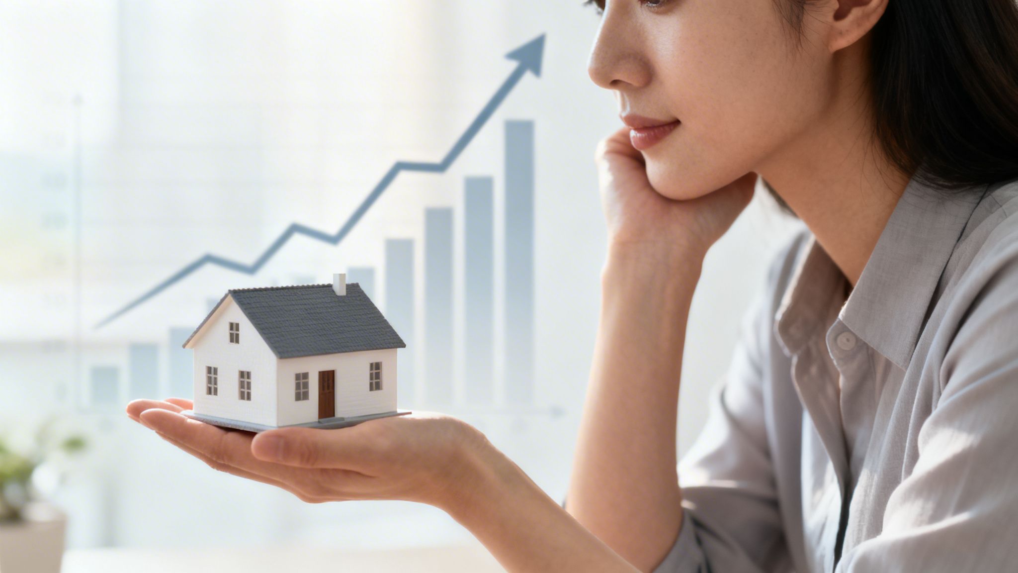 A businesswoman holds a small model house with an upward trending graph in the background.