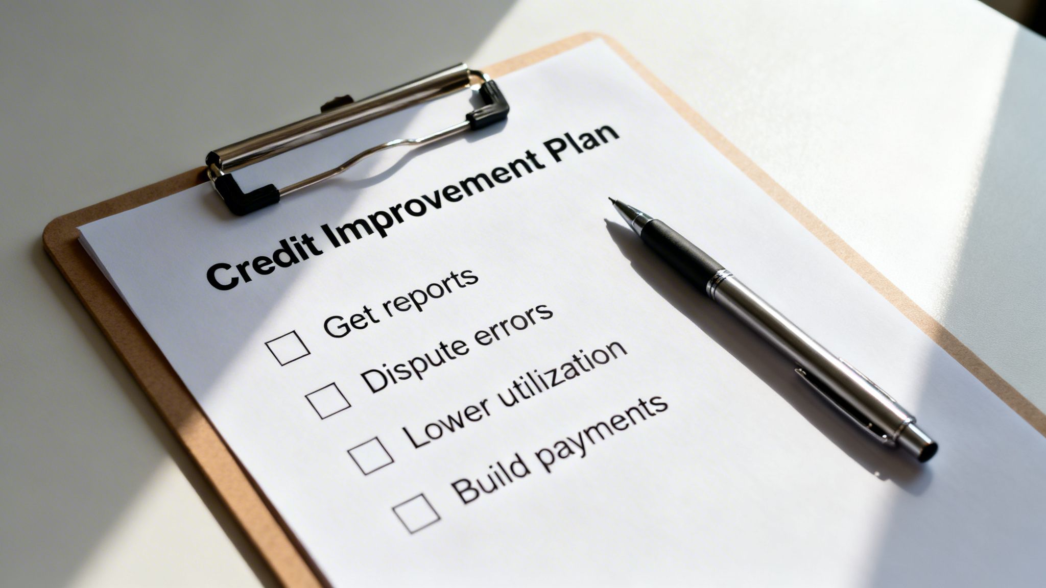A clipboard holds a 'Credit Improvement Plan' document with a checklist and a pen.