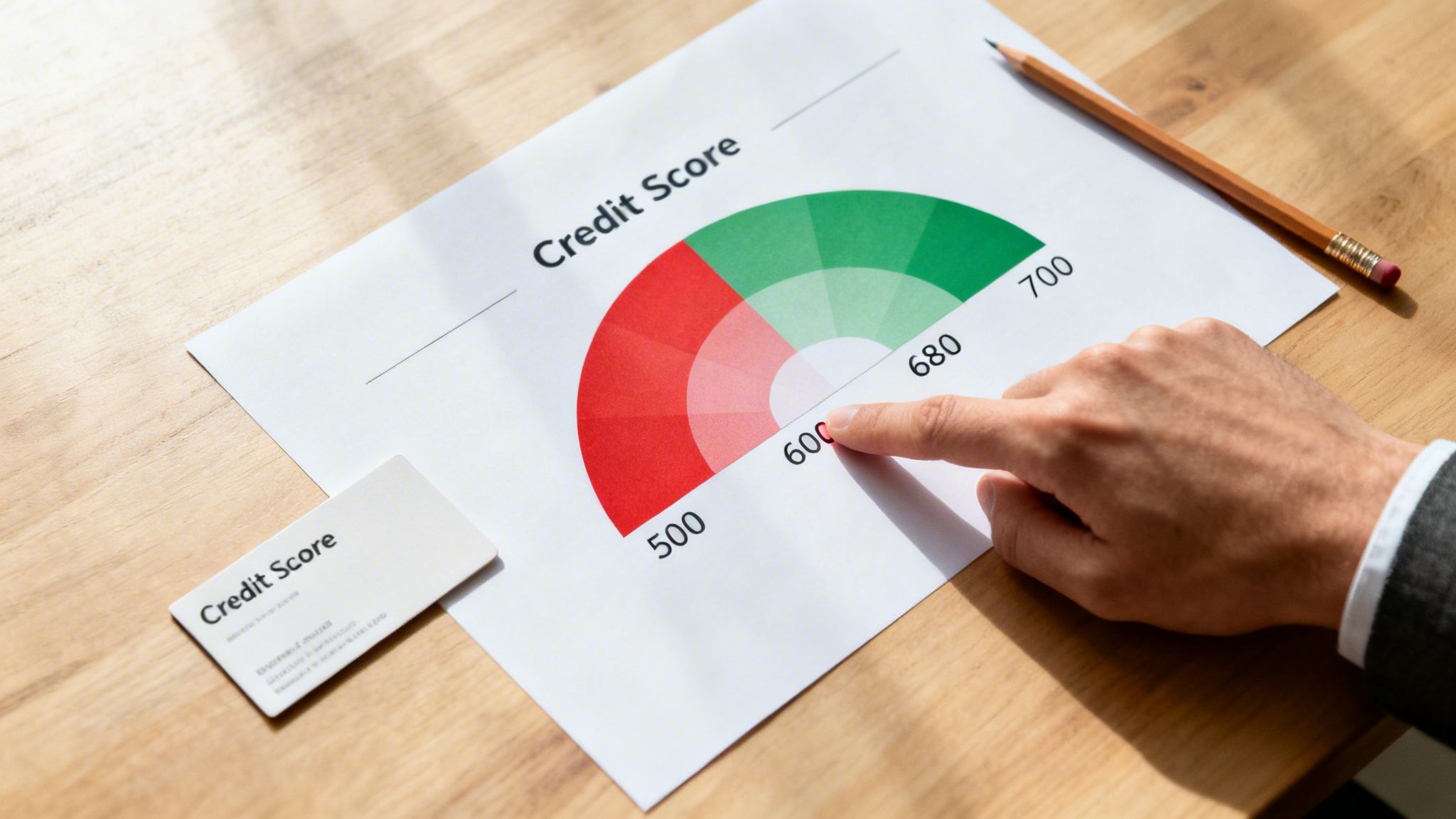 A hand points to a credit score of 600 on a chart, with a business card and pencil on a wooden desk.