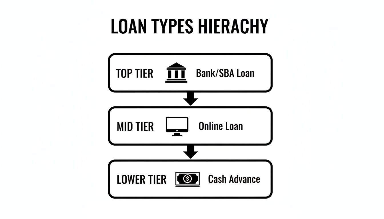 A hierarchy chart displaying loan types: Top Tier (Bank/SBA), Mid Tier (Online), and Lower Tier (Cash Advance).