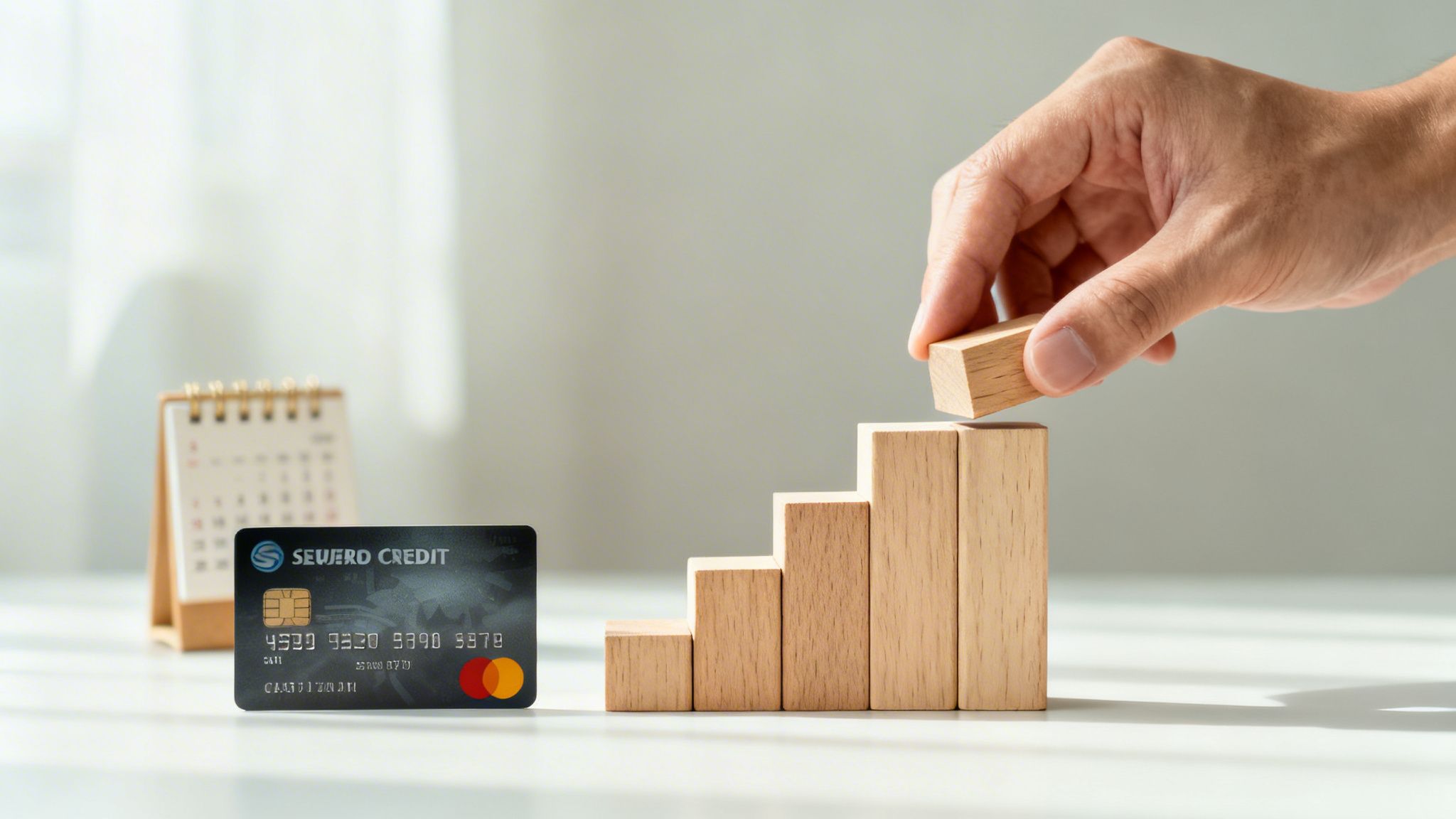A hand places a wooden block on a growing stack, next to a credit card and a calendar, symbolizing financial growth.