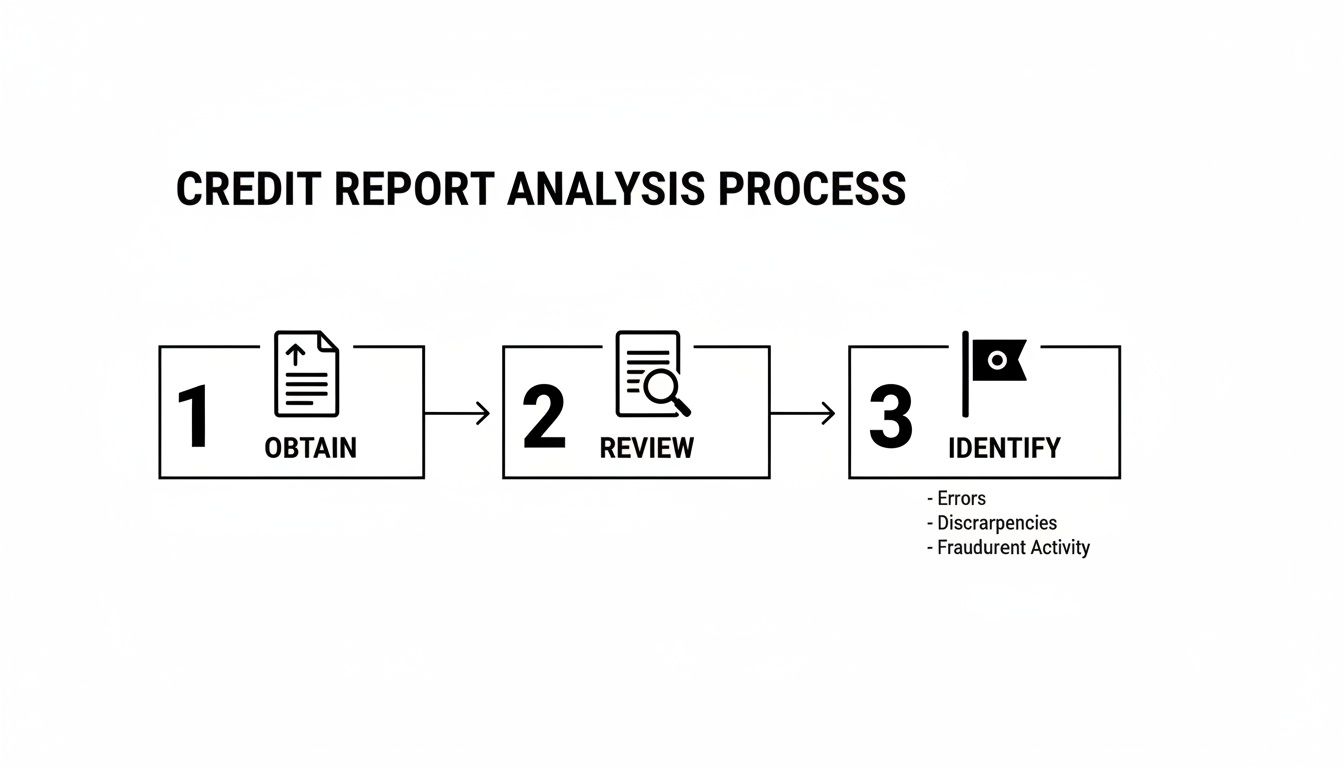 Three-step credit report analysis process: obtain report, review data, and identify errors or fraud.