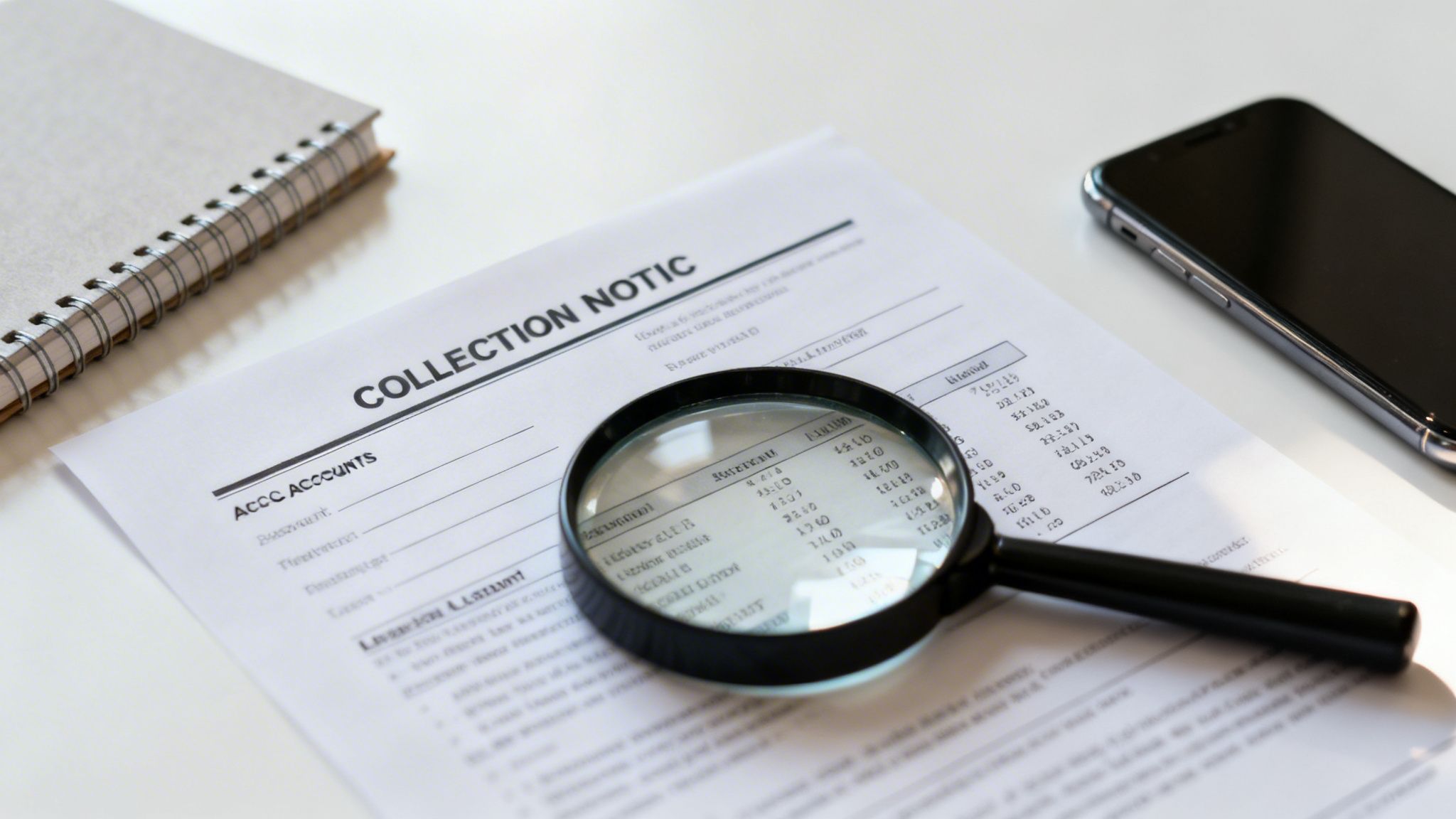 A magnifying glass rests on a document titled 'COLLECTION NOTIC' next to a notebook and phone.