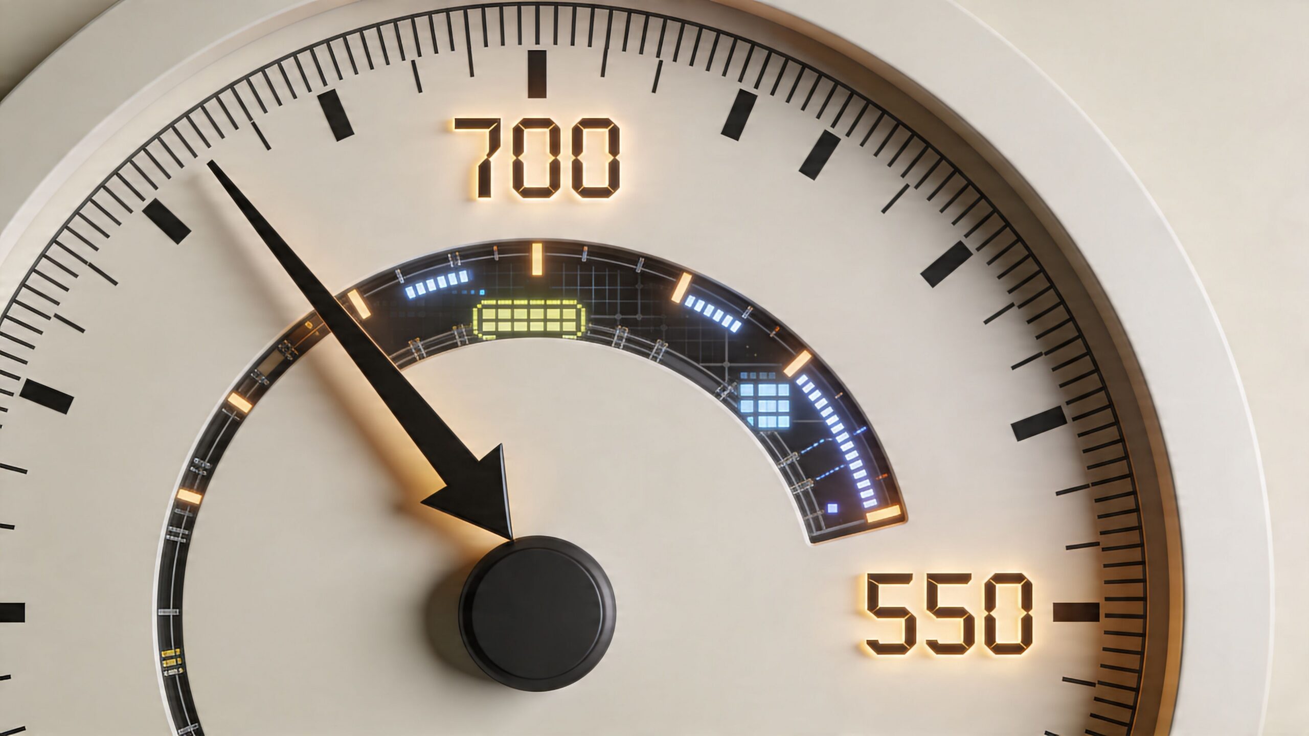 A close-up view of a circular analog gauge displaying a needle pointing towards a high numerical value.