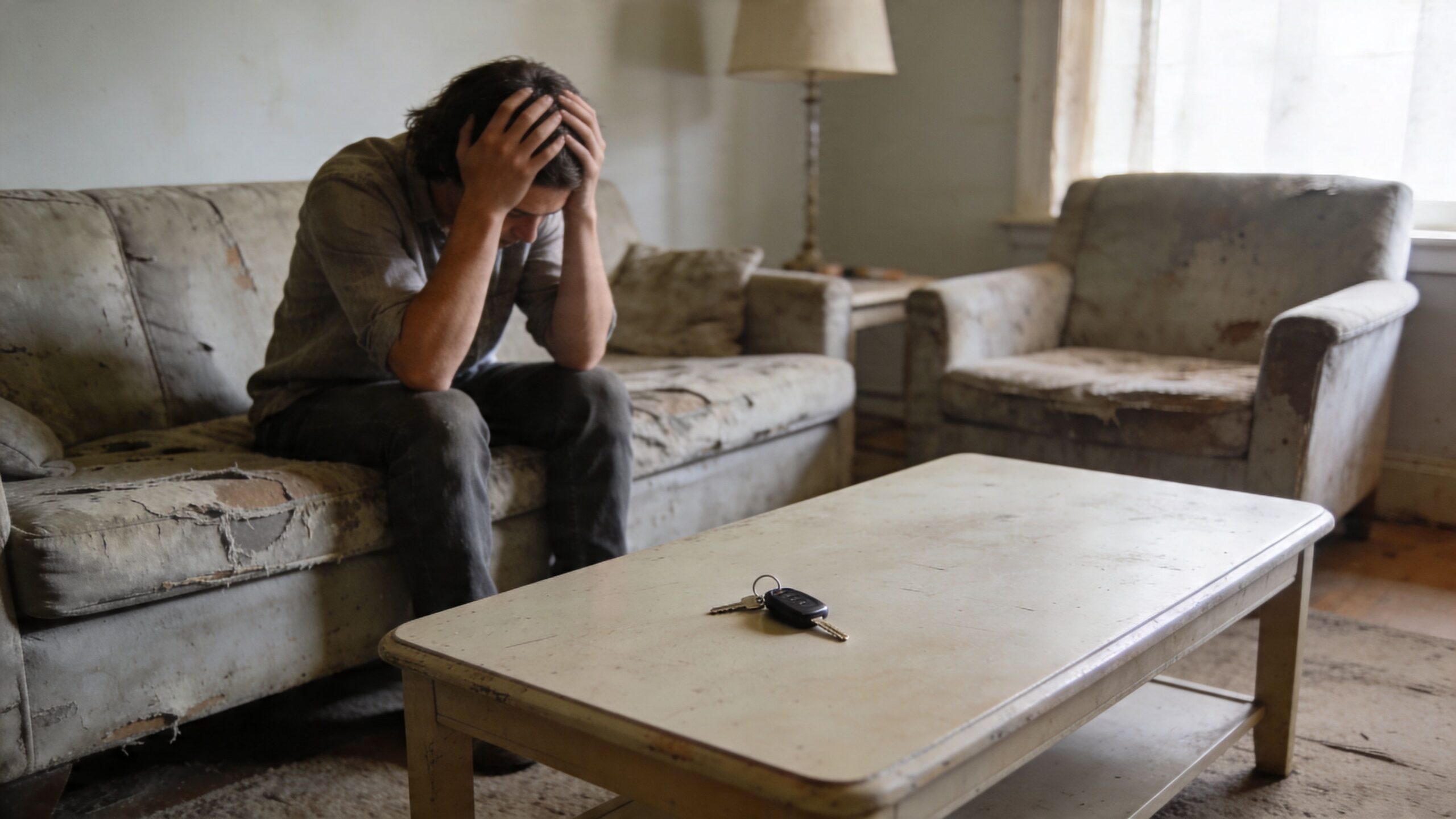 A distressed man sitting on a worn sofa with car keys resting on a coffee table.